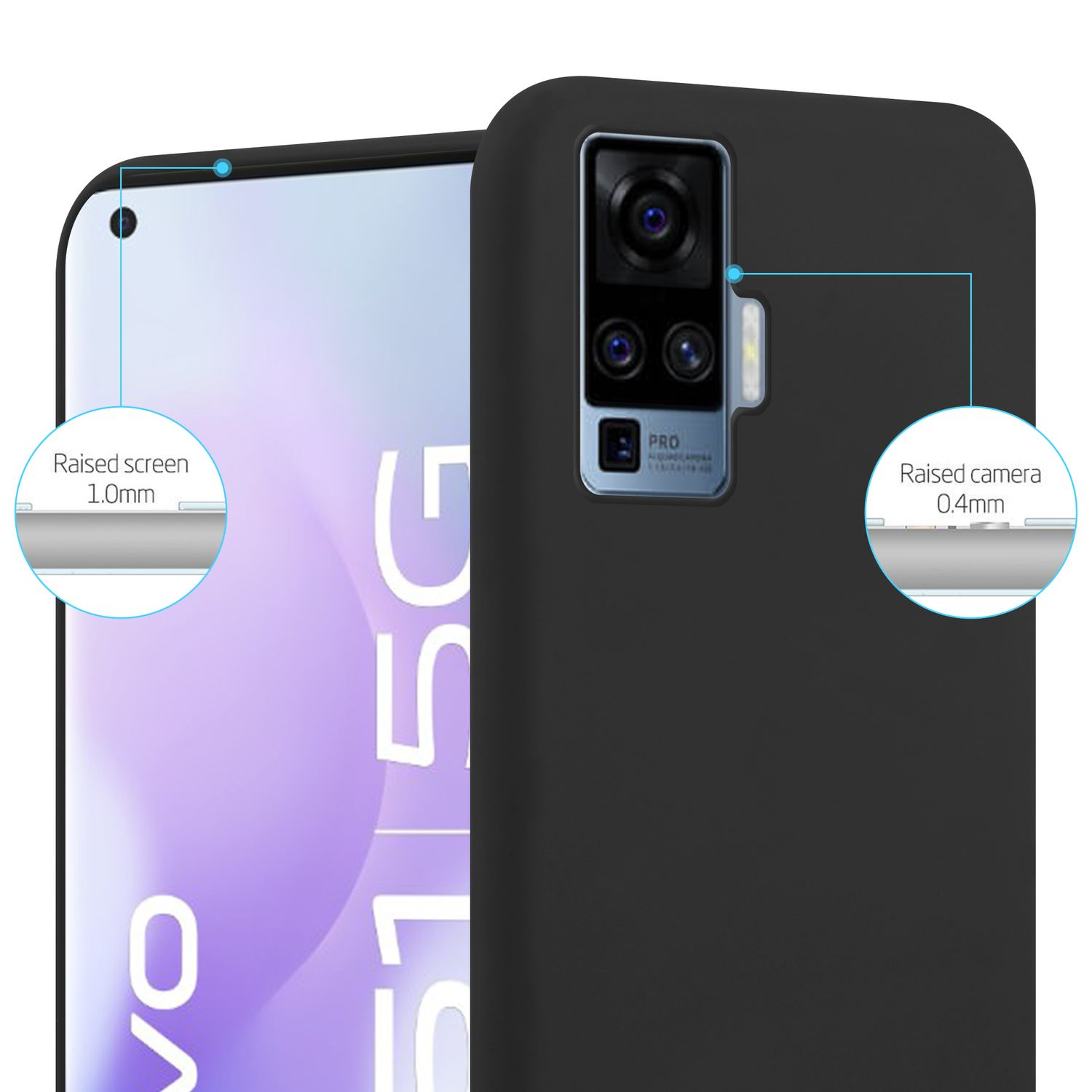 Telefono nero con schermo e fotocamera rialzati, primo piano, sfondo bianco, con etichette.