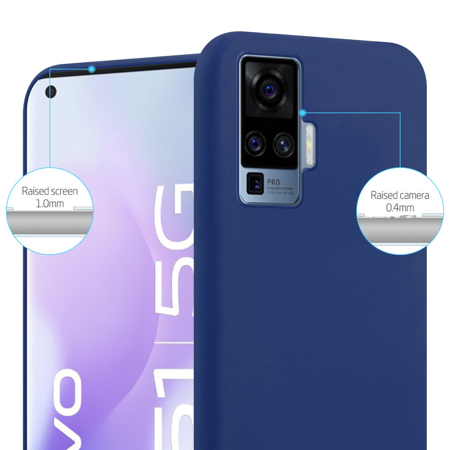 Telefono blu scuro con fotocamera e schermo rialzati. Testo bianco sullo schermo. Diagrammi dettagliati mostrano le misure.
