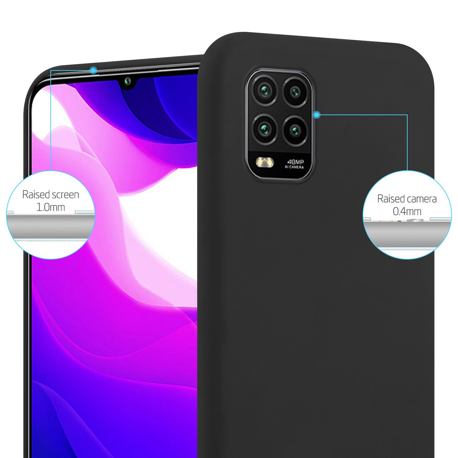 Un telefono nero con schermo e fotocamera rialzati, con didascalie.