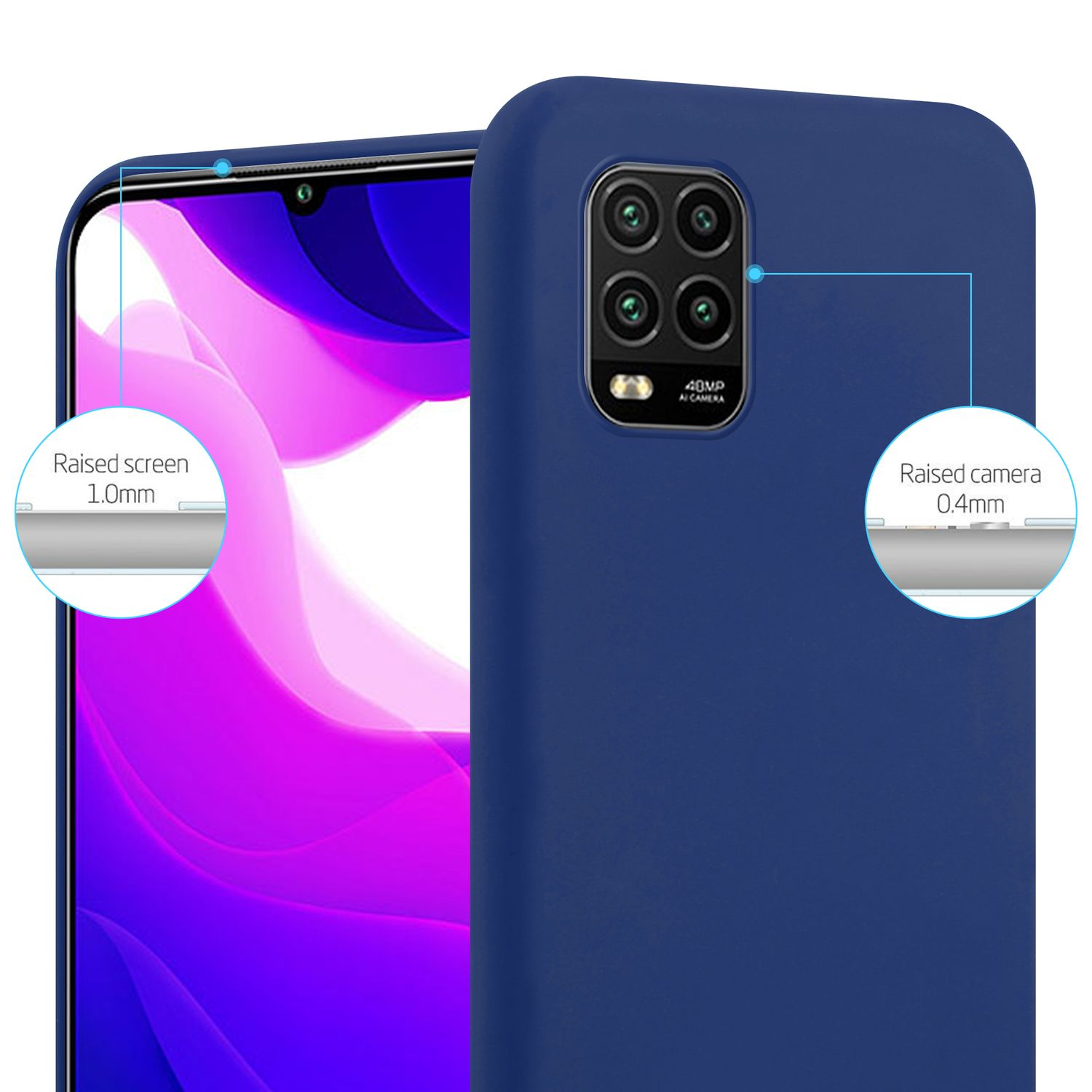 Una custodia blu per telefono con un telefono. Primo piano della fotocamera e della protezione dello schermo.