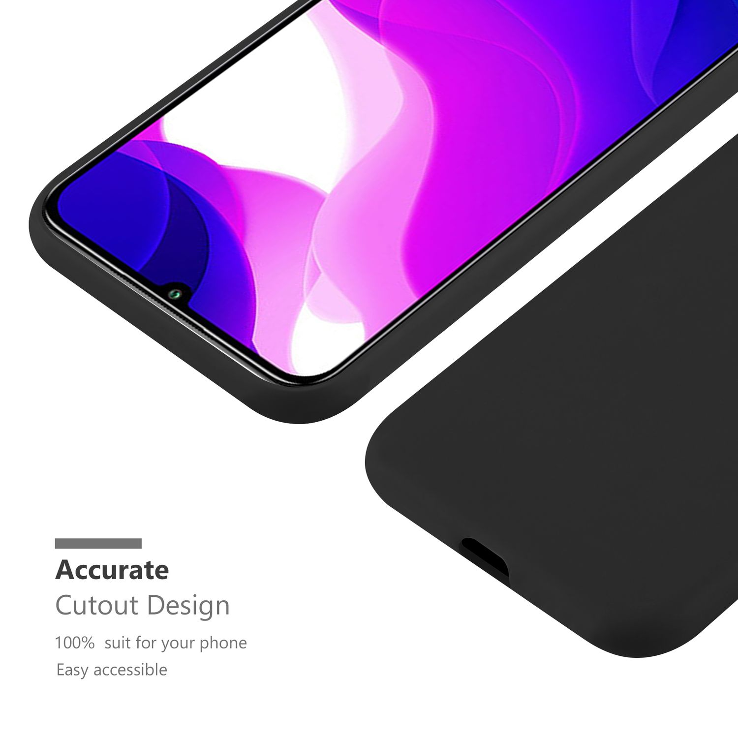 Custodia nera con telefono, su sfondo bianco con testo: Accurate Cutout Design.