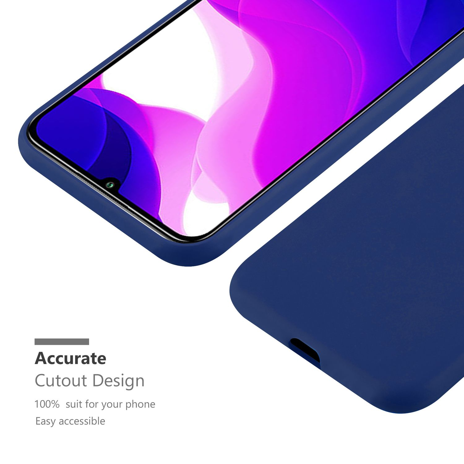 Una custodia per telefono blu navy, adatta a uno smartphone con schermo blu, con testo bianco in basso.