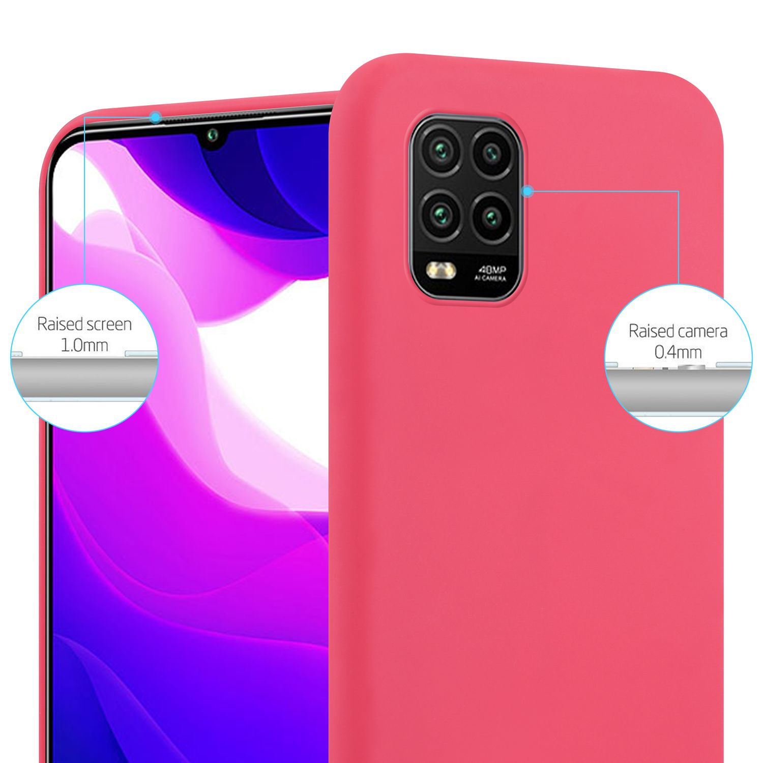 Una custodia rossa per telefono con bordi rialzati per lo schermo e la fotocamera. La custodia ha una fotocamera del telefono.