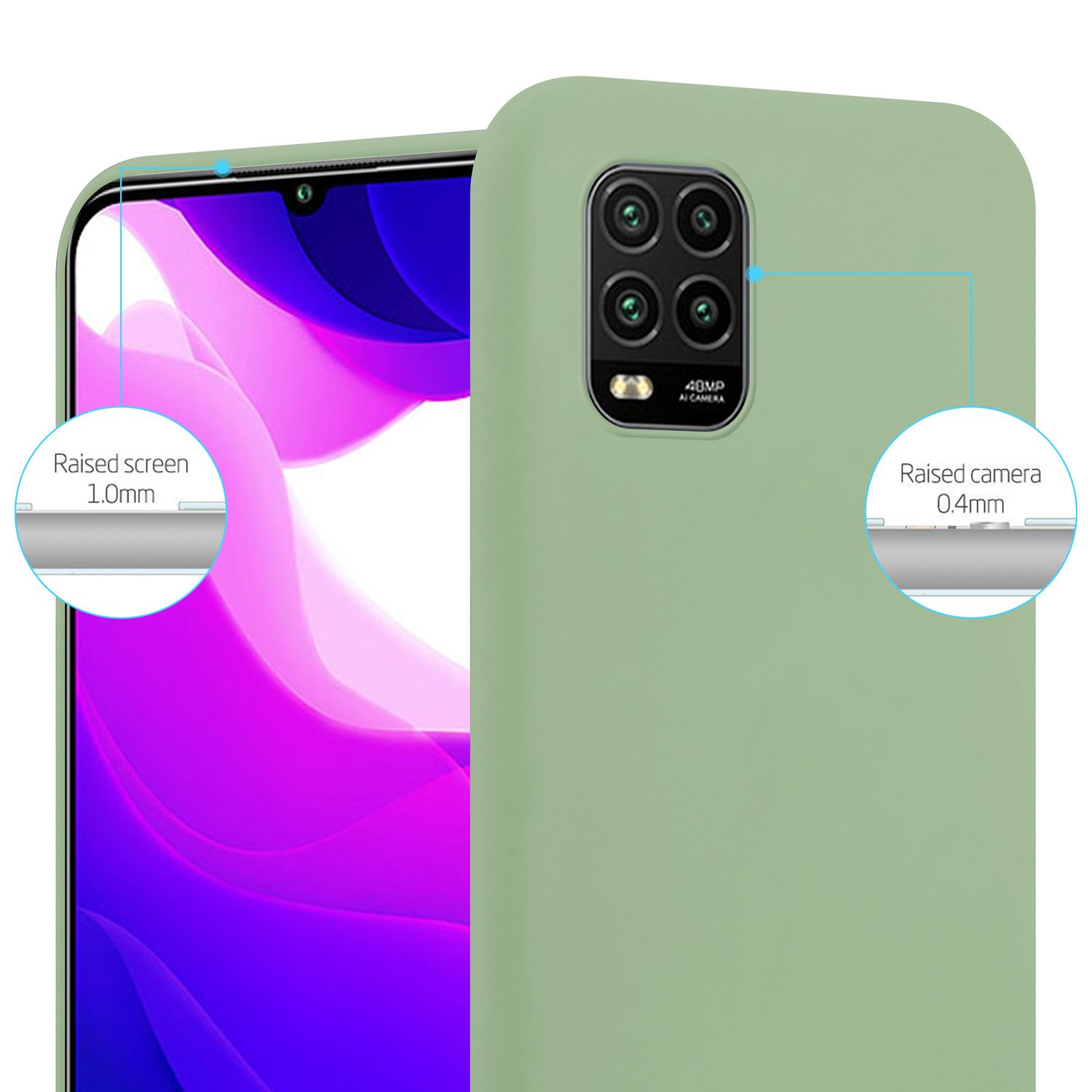Custodia verde per telefono con schermo e fotocamera rialzati. Il retro è con modulo fotocamera.