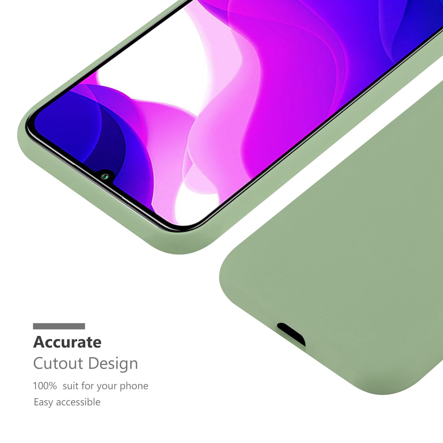 Una custodia per telefono con un telefono all'interno, che mostra una custodia verde. Lo schermo mostra un'immagine.