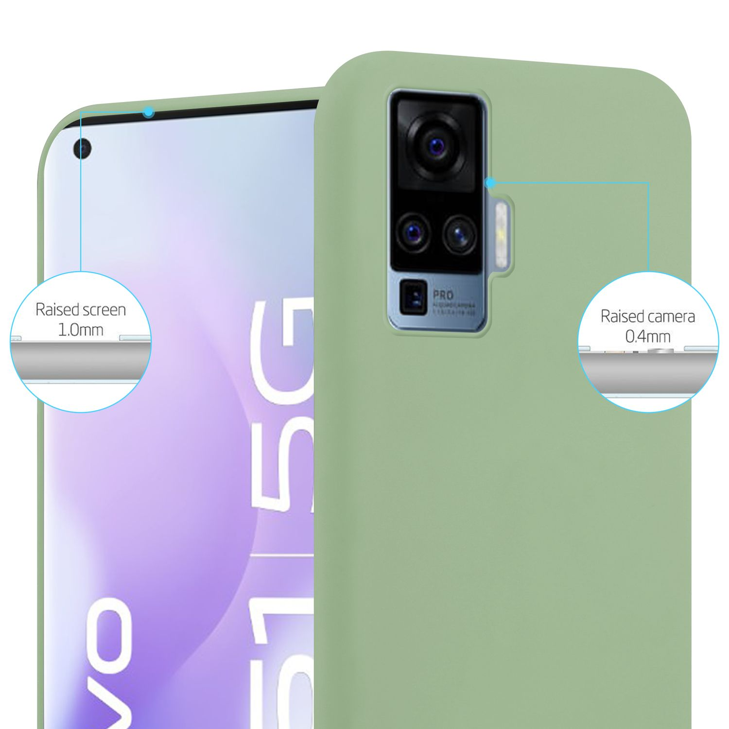 Un primo piano di un telefono con una custodia verde chiaro. I dettagli della fotocamera e dello schermo sono evidenziati.