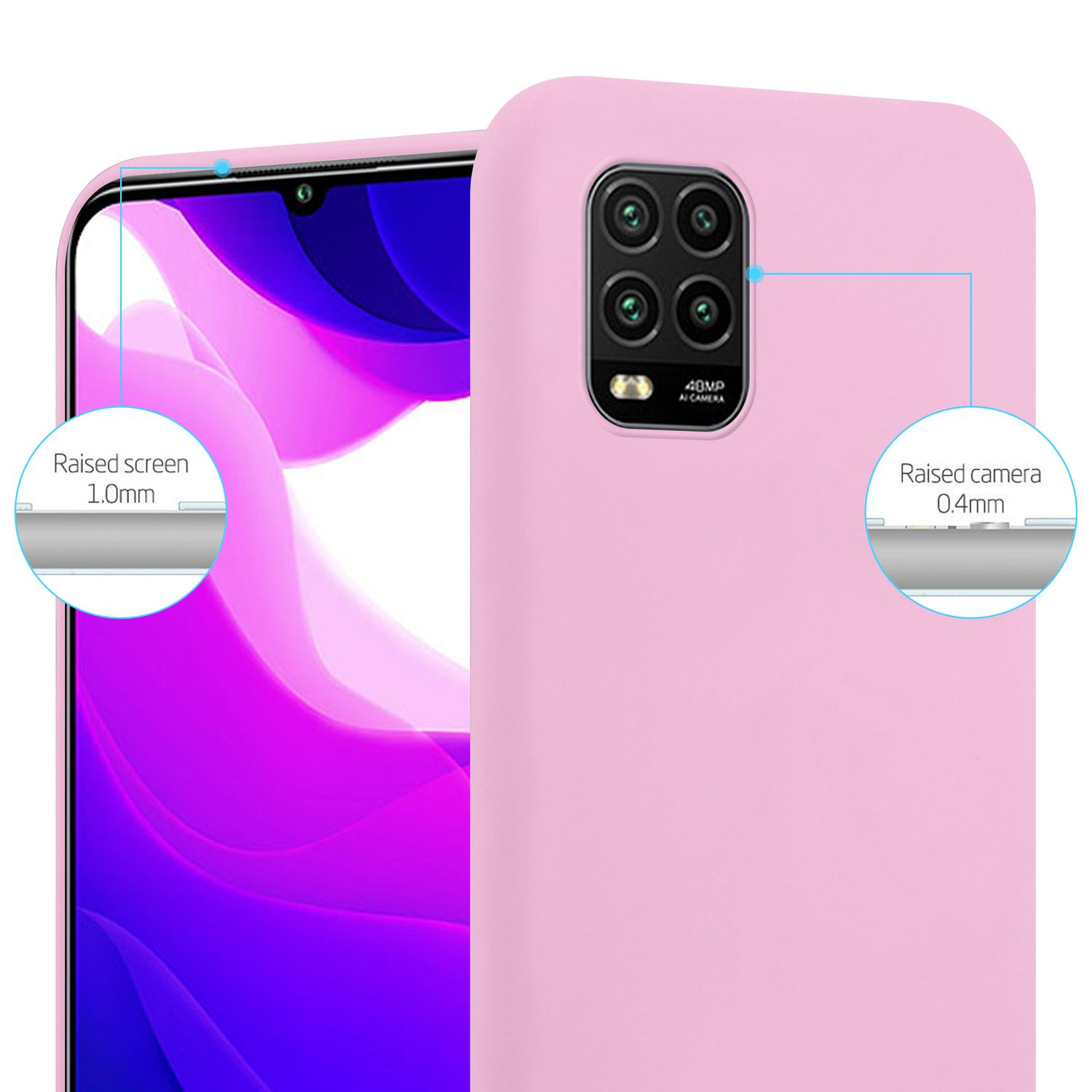 Custodia rosa per telefono con quattro lenti e aree rialzate.