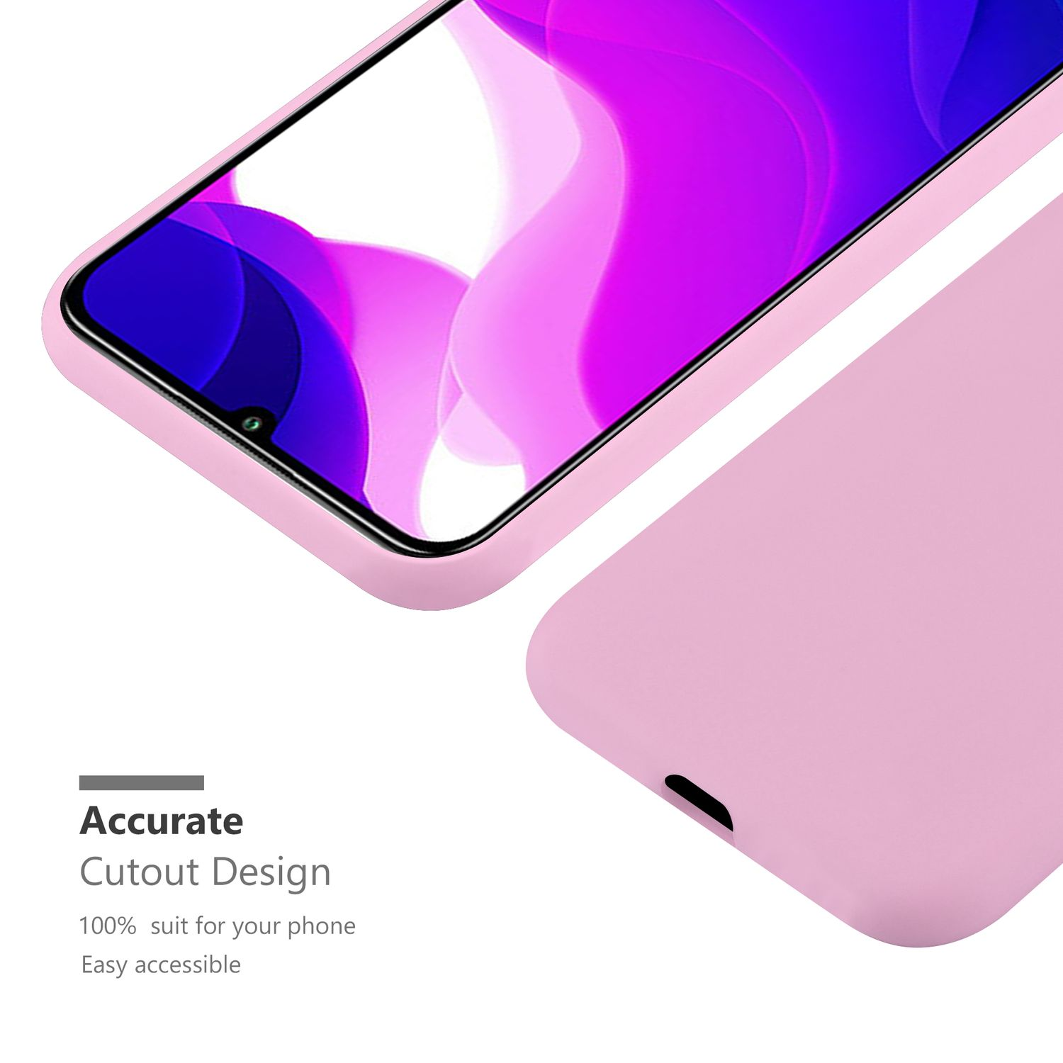Custodia rosa per telefono con design ritagliato per un telefono. Lo schermo del telefono è visibile. Sfondo bianco.
