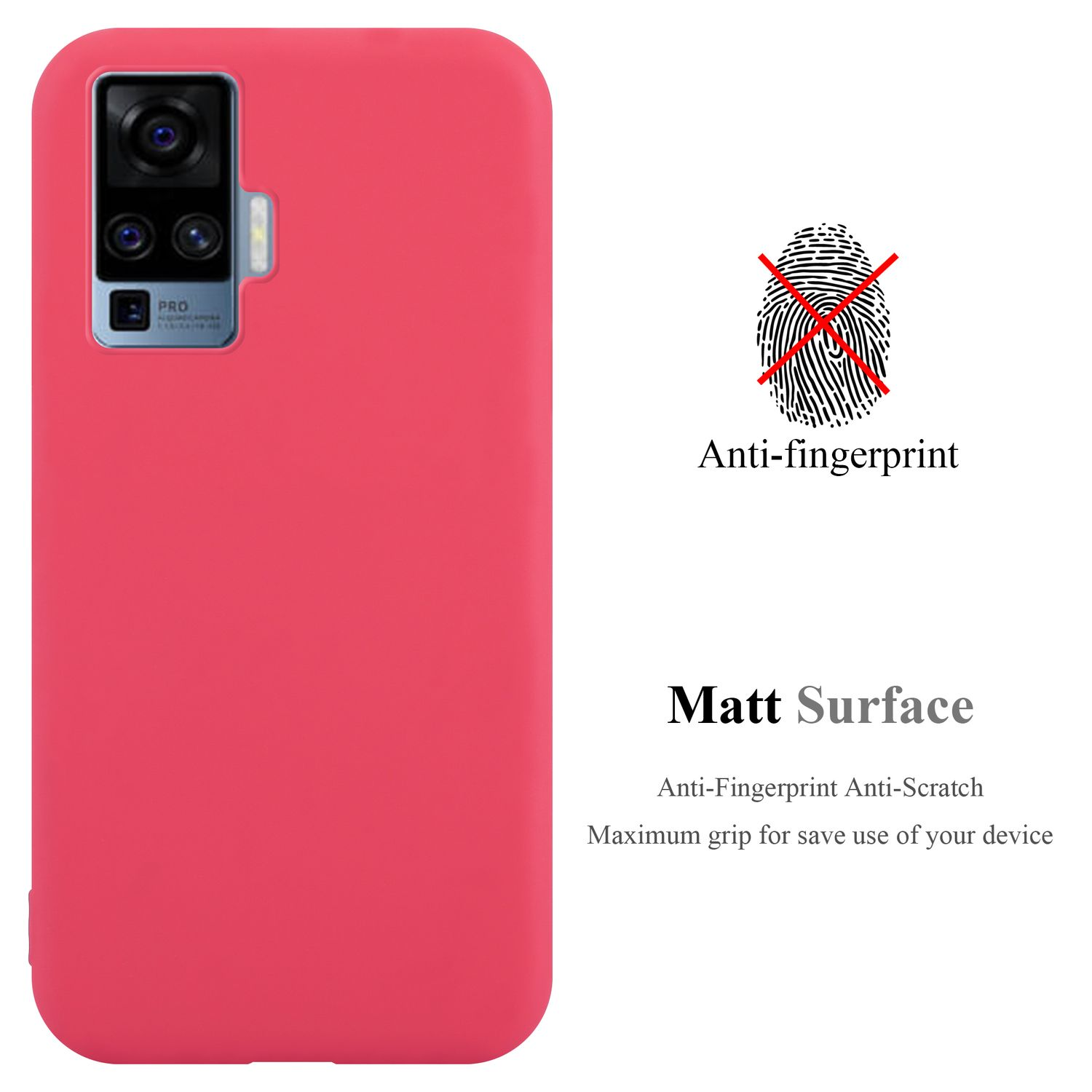 Custodia rossa per telefono, anti-impronte e superficie opaca. Testo e icona impronta digitale.