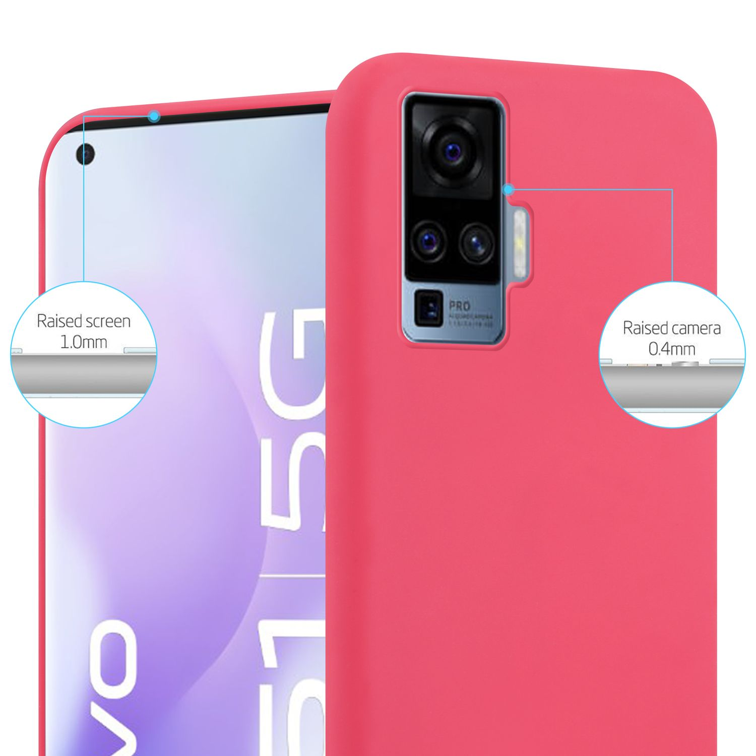 Telefono rosa con schermo e fotocamera rialzati, con testo che indica le dimensioni della fotocamera.