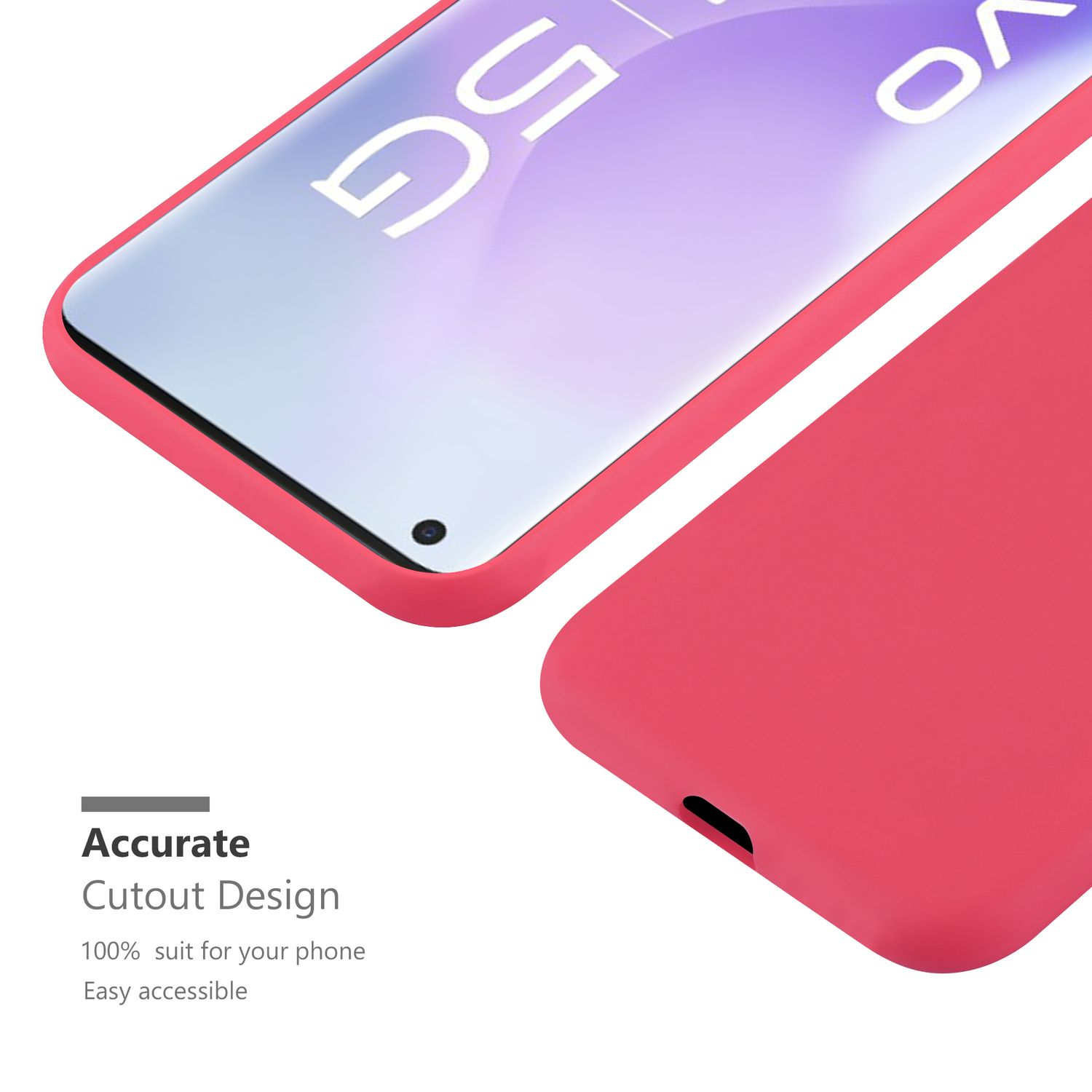 Primo piano di un telefono con custodia rossa; i dettagli mostrano il design ritagliato.