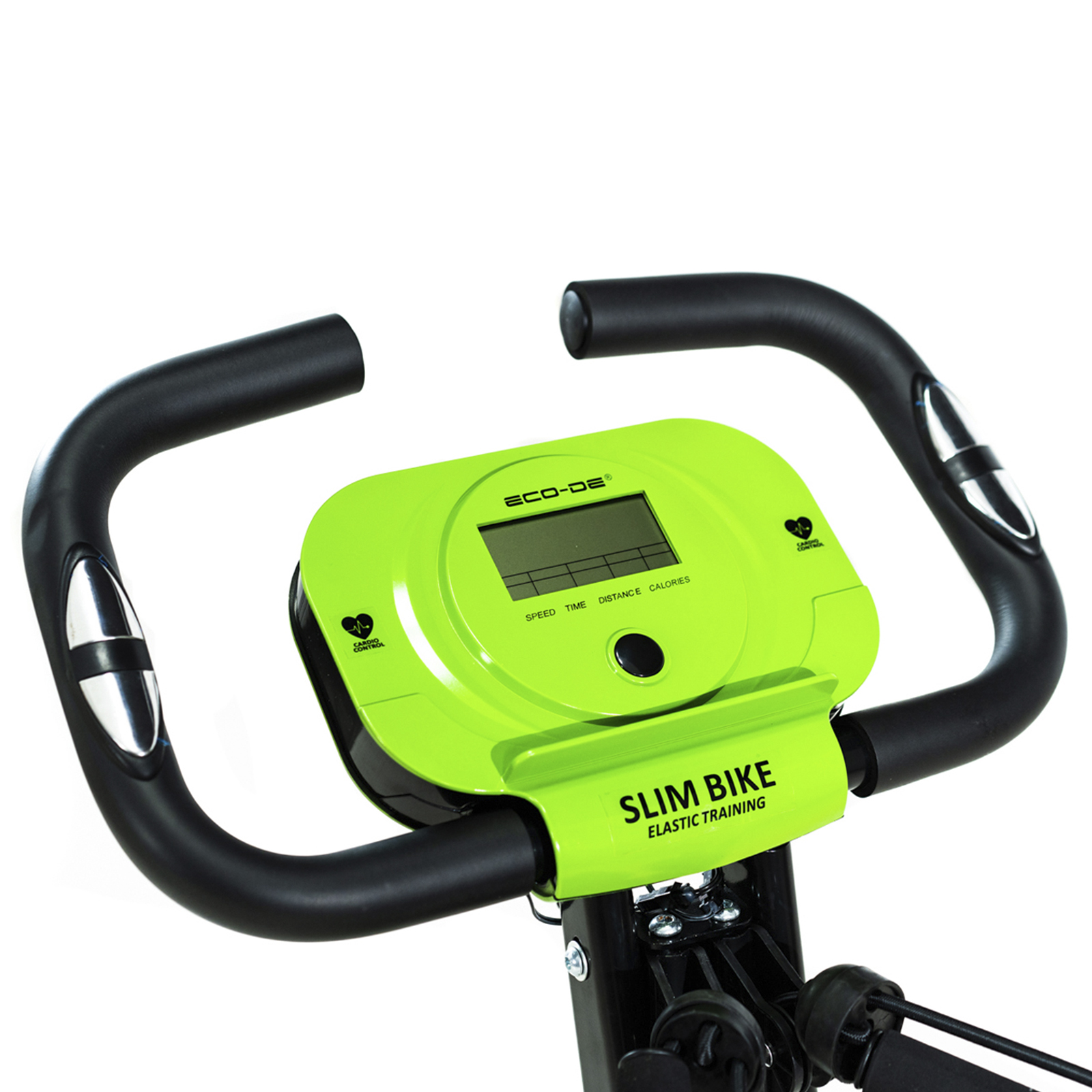 Primer plano del manillar de una bicicleta estática con una consola verde que muestra velocidad, tiempo y calorías.
