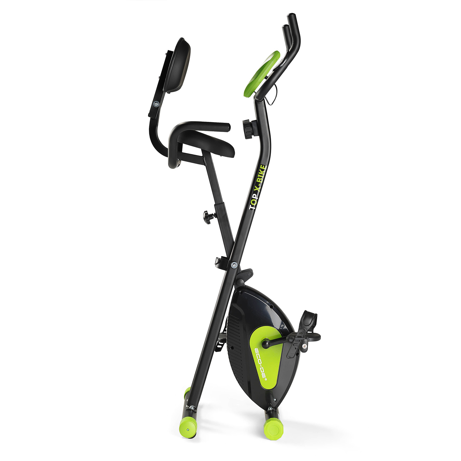 Bicicleta de ejercicio negra y verde, fondo blanco.