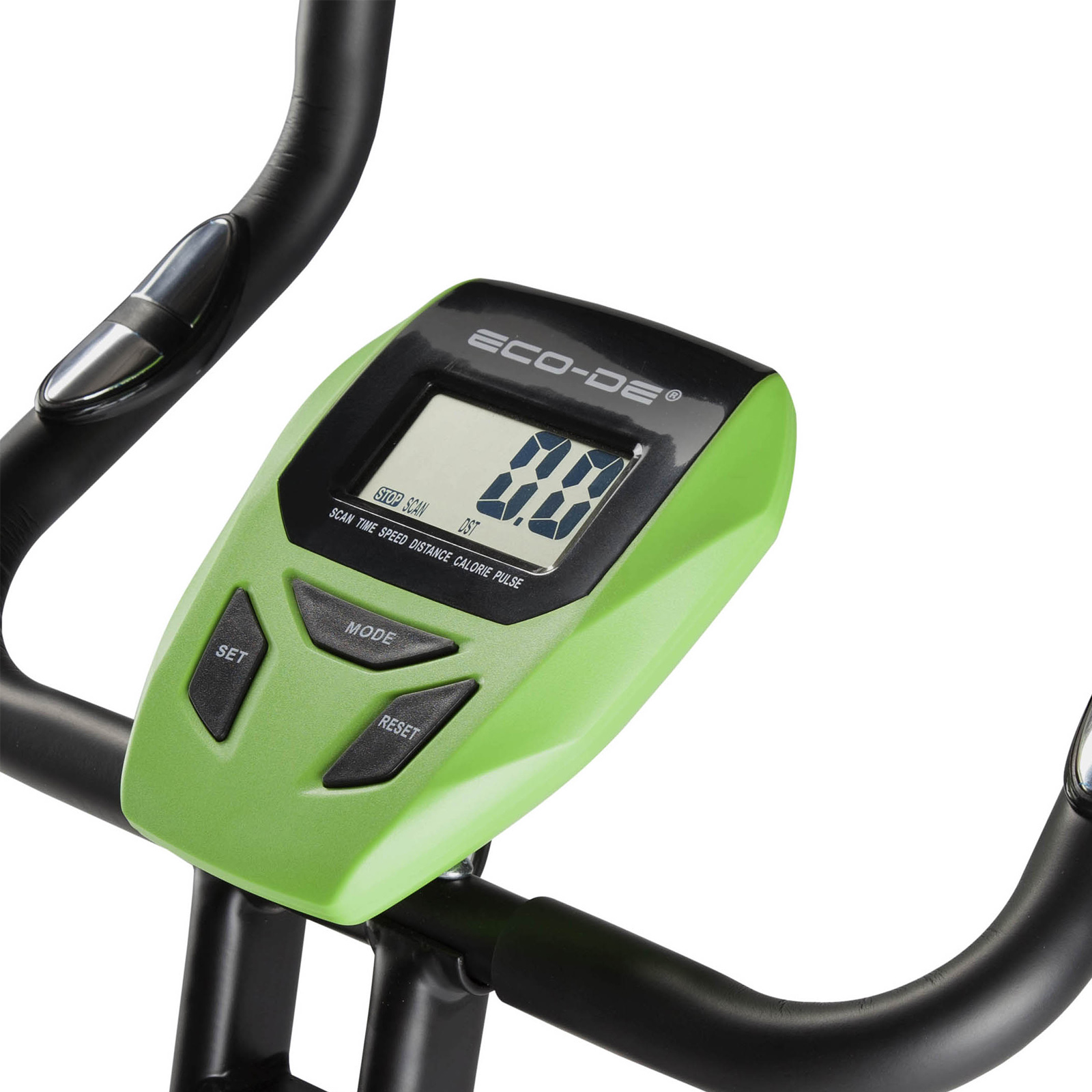 Consola de bicicleta estática con pantalla que muestra números. Verde y negro.