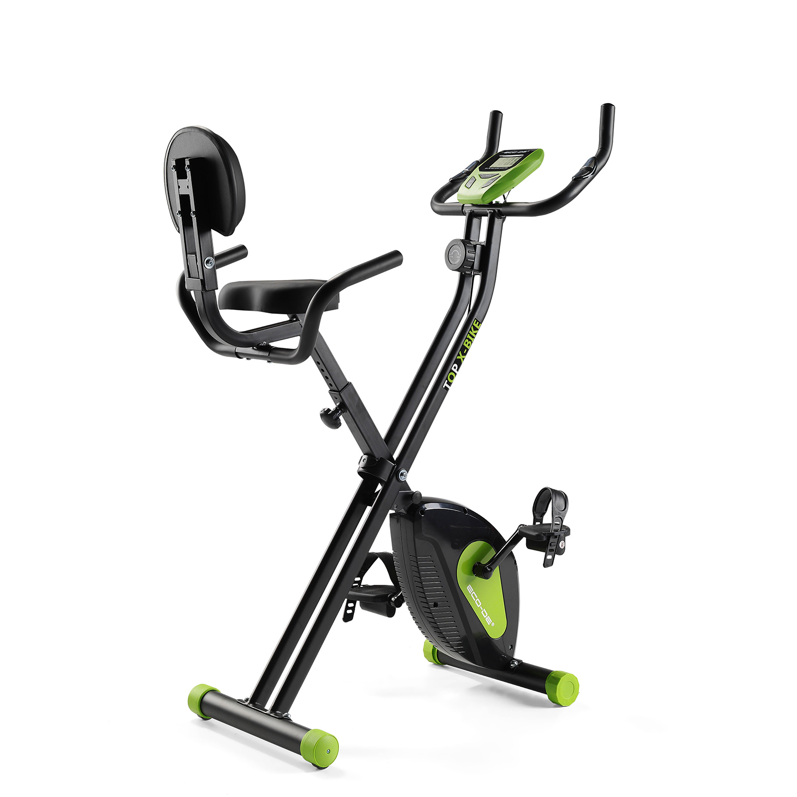 Bicicleta de ejercicio reclinada. Combinación de colores negro y verde. Pantalla y asiento visibles.
