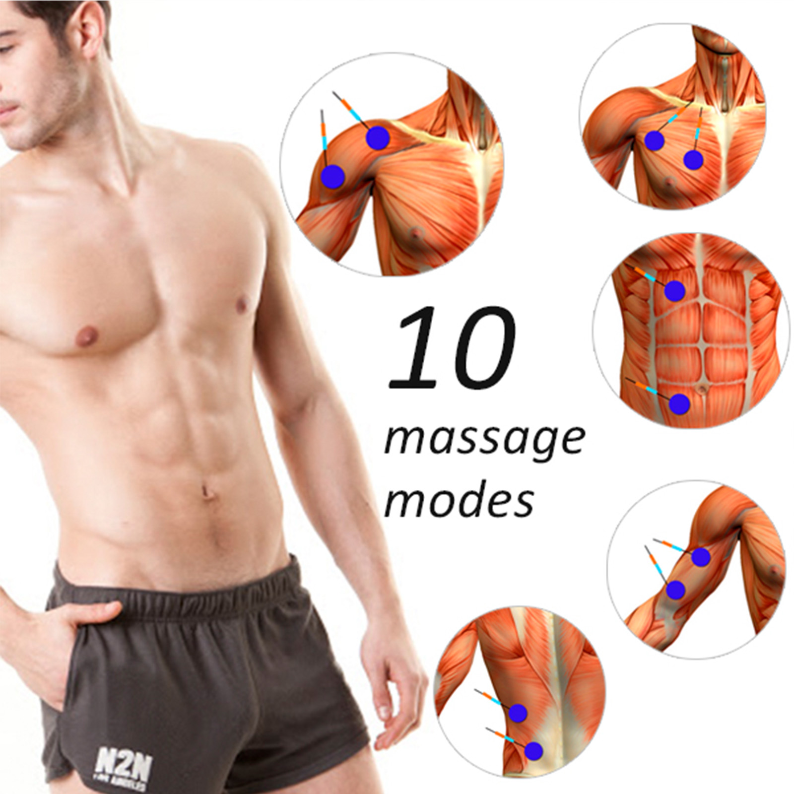 Un hombre en pantalones cortos y un diagrama de puntos musculares. Muestra 10 modos de masaje en el cuerpo.