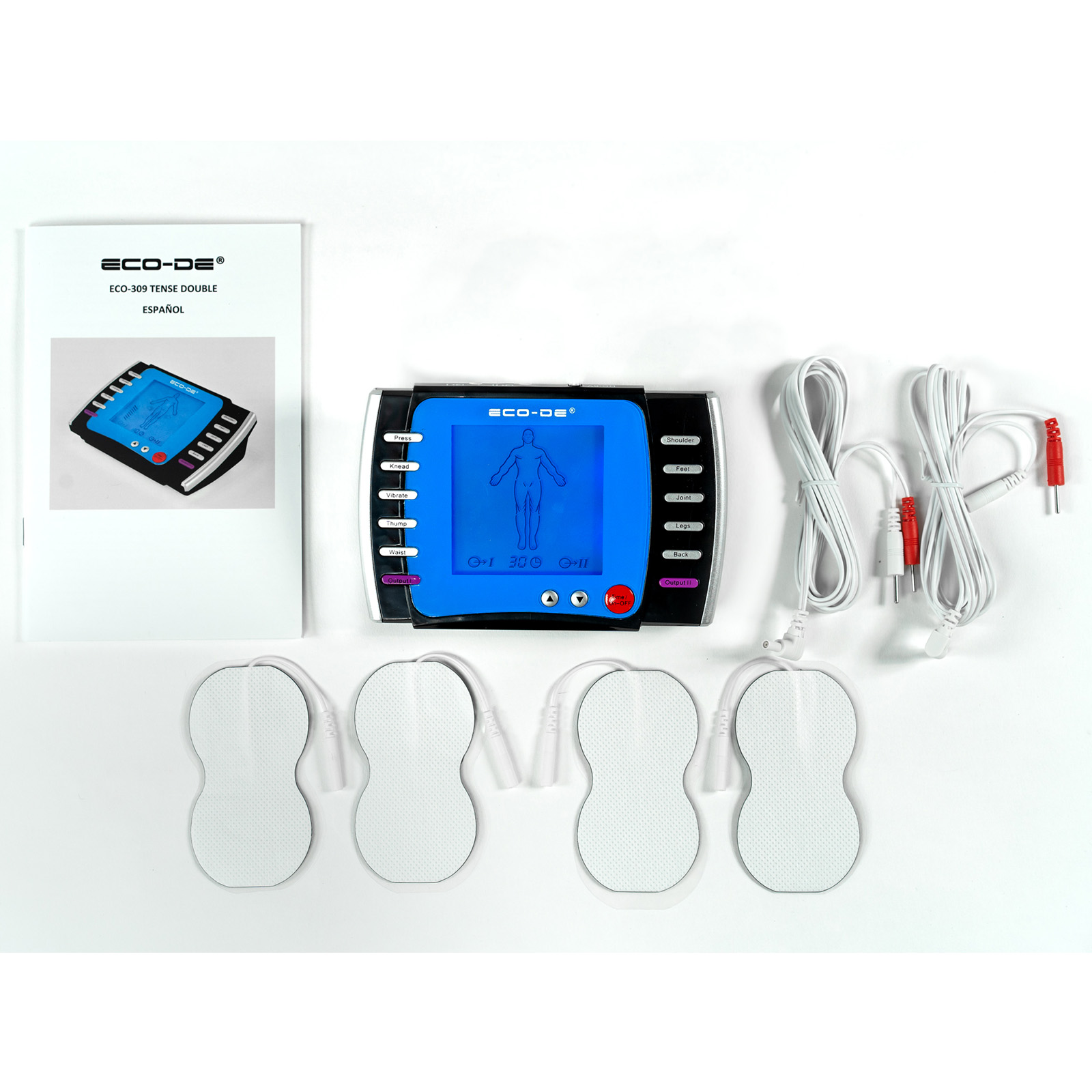 Dispositivo médico con almohadillas y cables, junto con un manual. El dispositivo es azul y blanco.