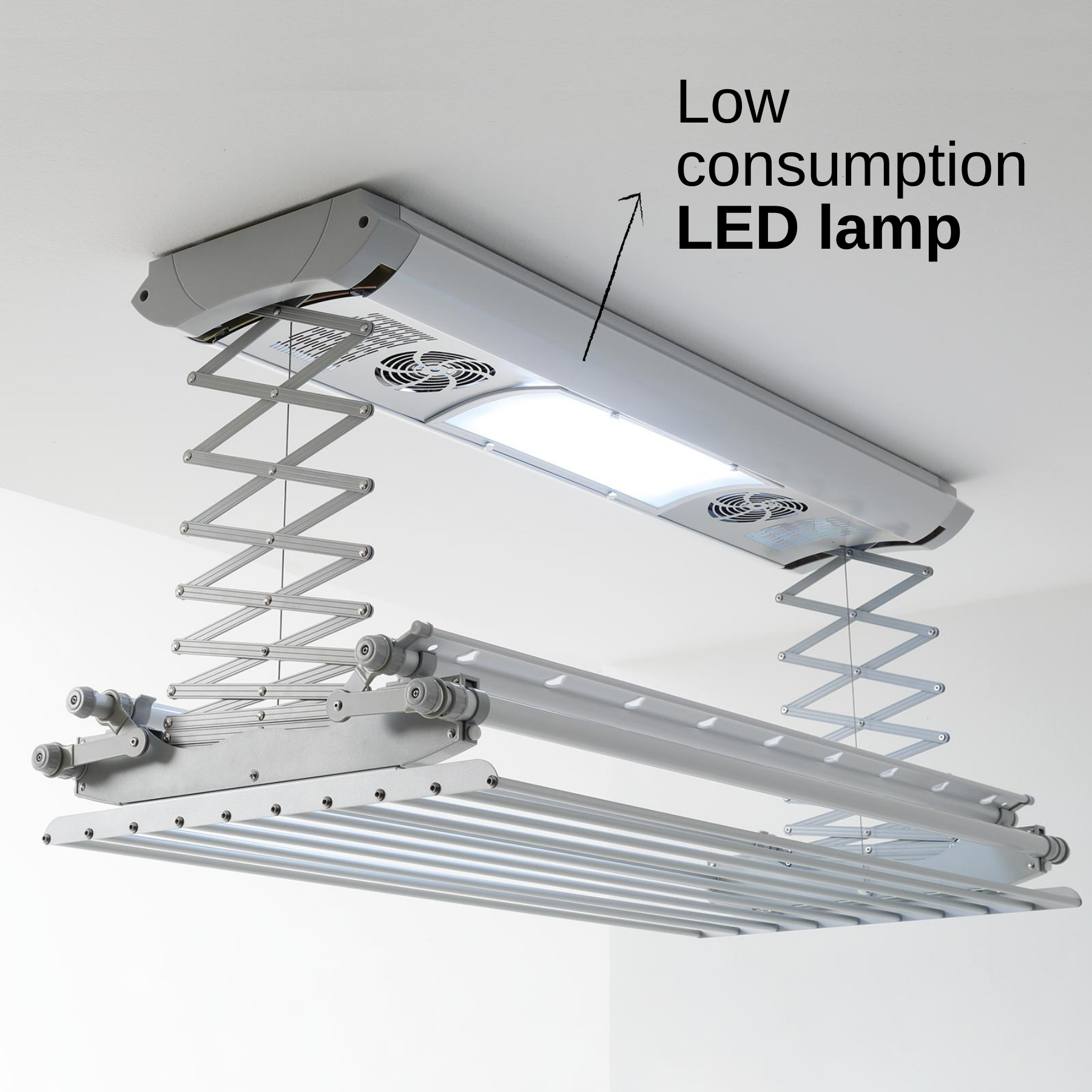 An der Decke montierter Wäschetrockner mit LED-Lampe, grau und weiß, an weißer Decke.