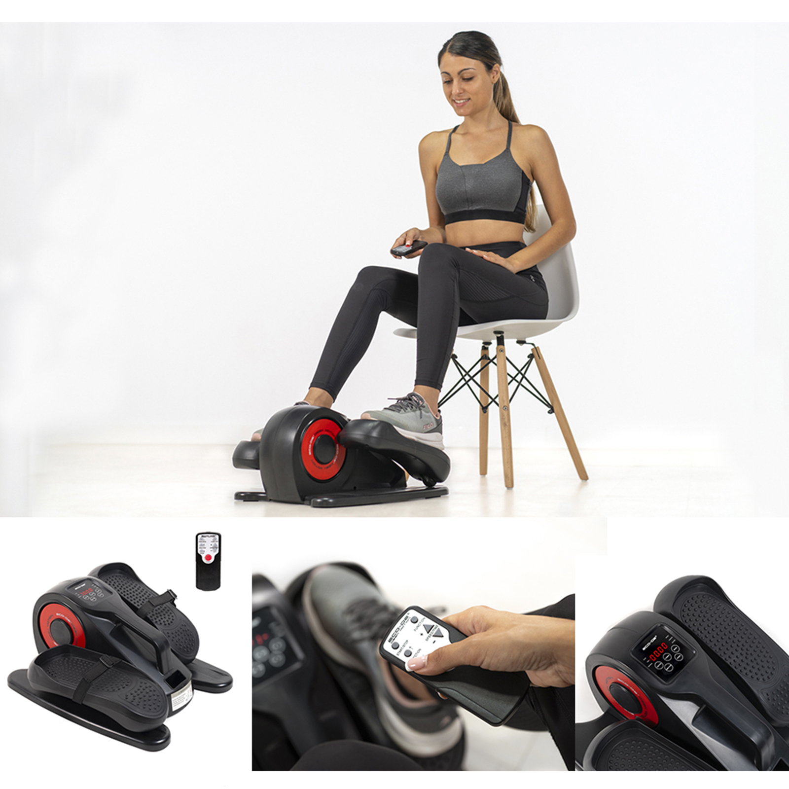 Mujer usando una máquina elíptica, con primeros planos de la máquina y el mando a distancia.
