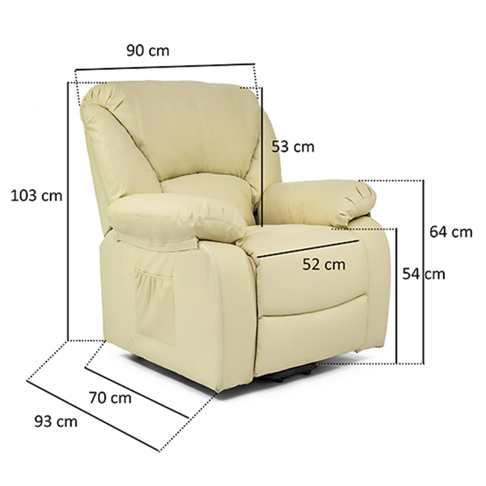 Una silla reclinable color crema con medidas etiquetadas.