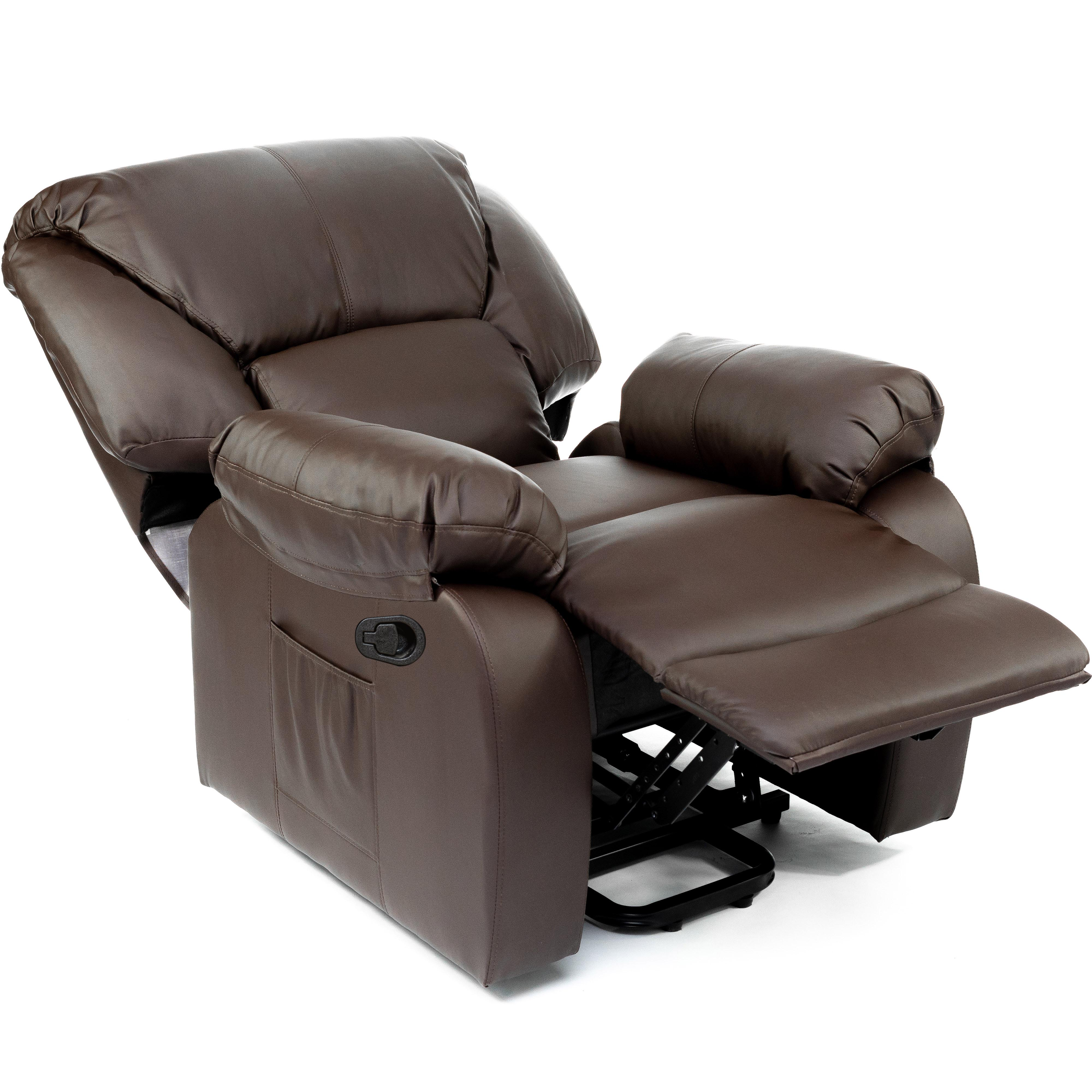 Sillón reclinable marrón, textura de cuero, reposapiés extendido y bolsillo lateral.