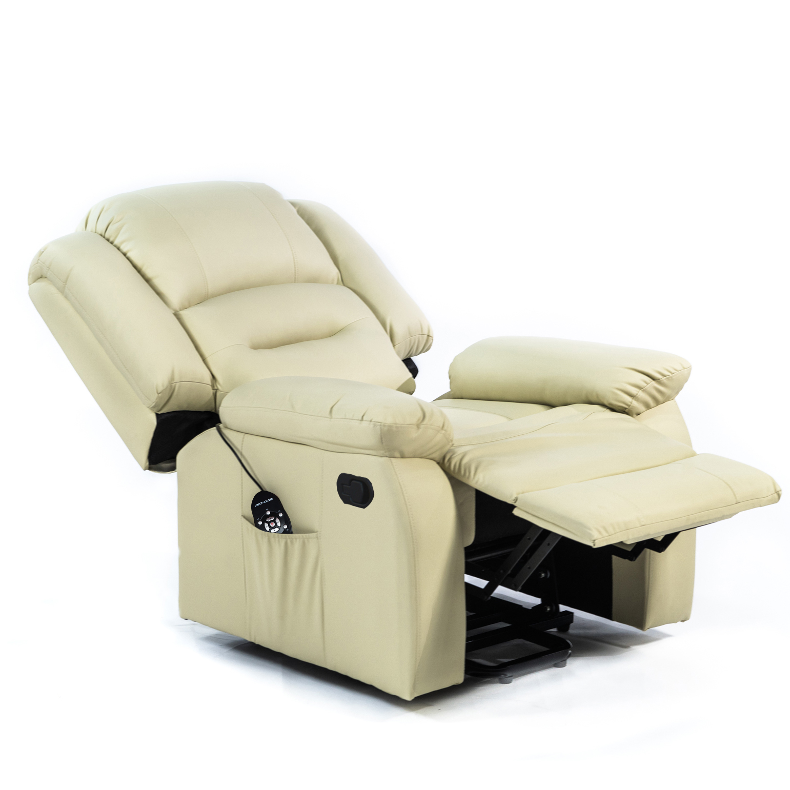 Sillón reclinable de cuero beige. Posición reclinada, con reposapiés extendido. Mando a distancia visible.