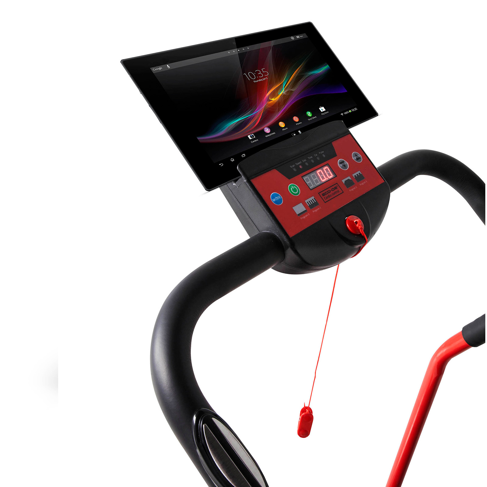 Cinta de correr con tableta. Tableta muestra imagen colorida, consola roja con botones.
