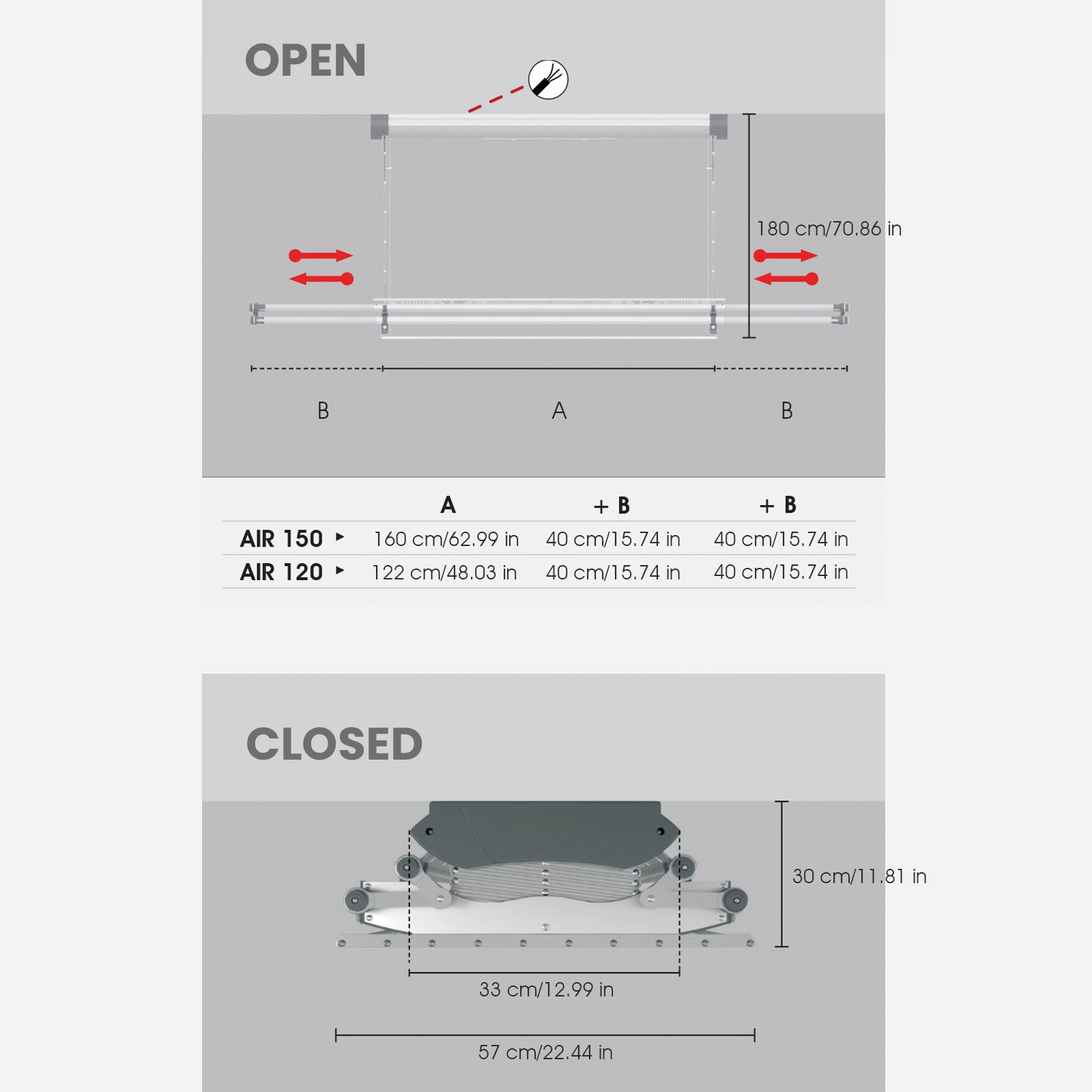 Diagramm mit Abmessungen für ein Lüftungssystem, beschriftet mit 'OPEN' und 'CLOSED' mit Messungen.
