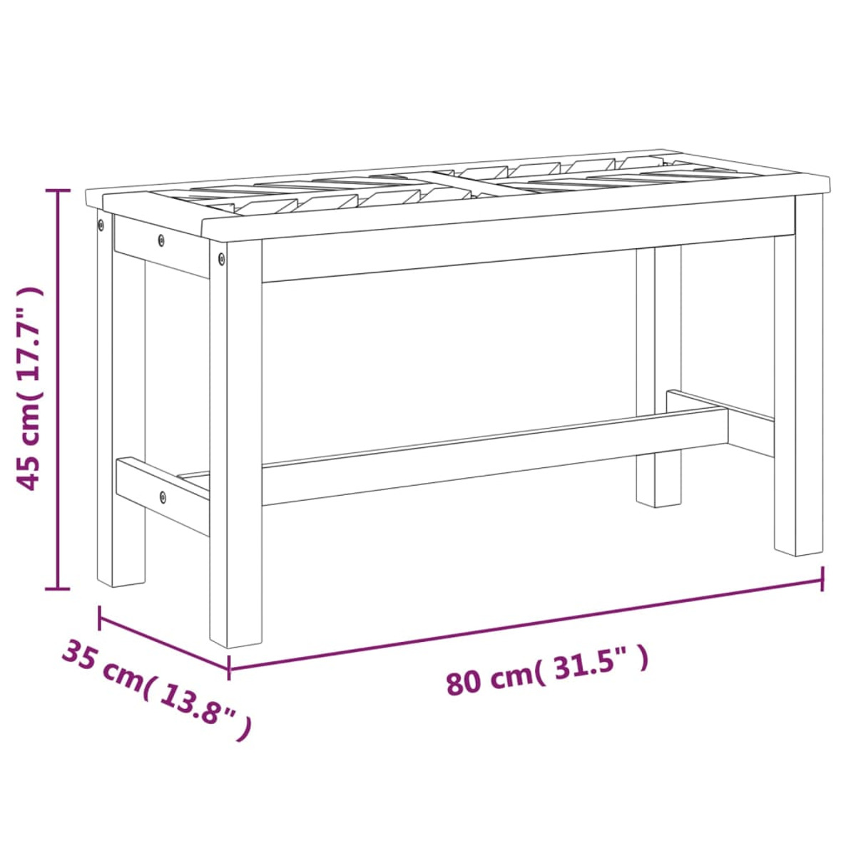 Holzbank mit Maßen: 45cm hoch, 35cm breit und 80cm lang.