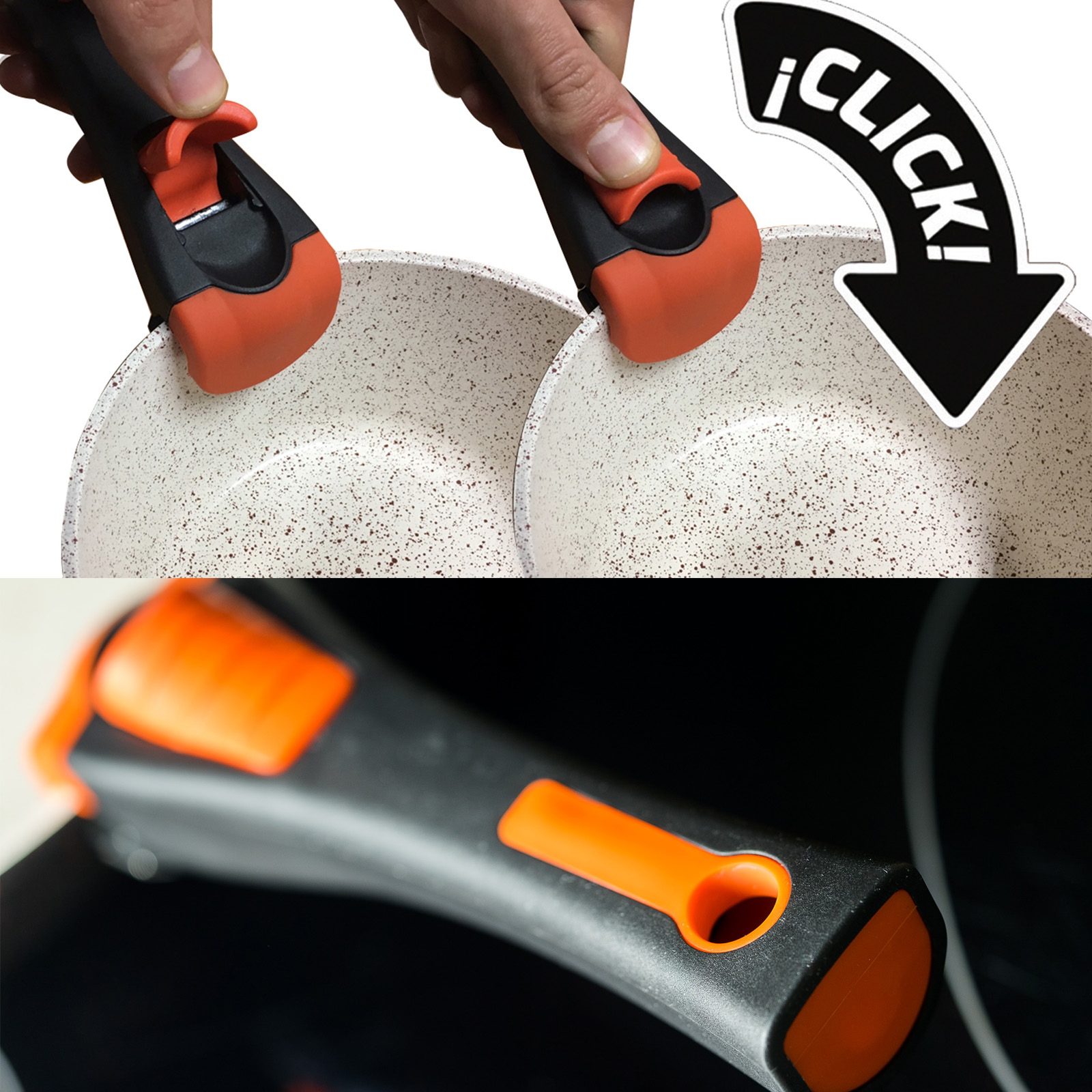 Primer plano de dos sartenes con asa, y un asa negra desmontable con agarre naranja, con flecha de clic.