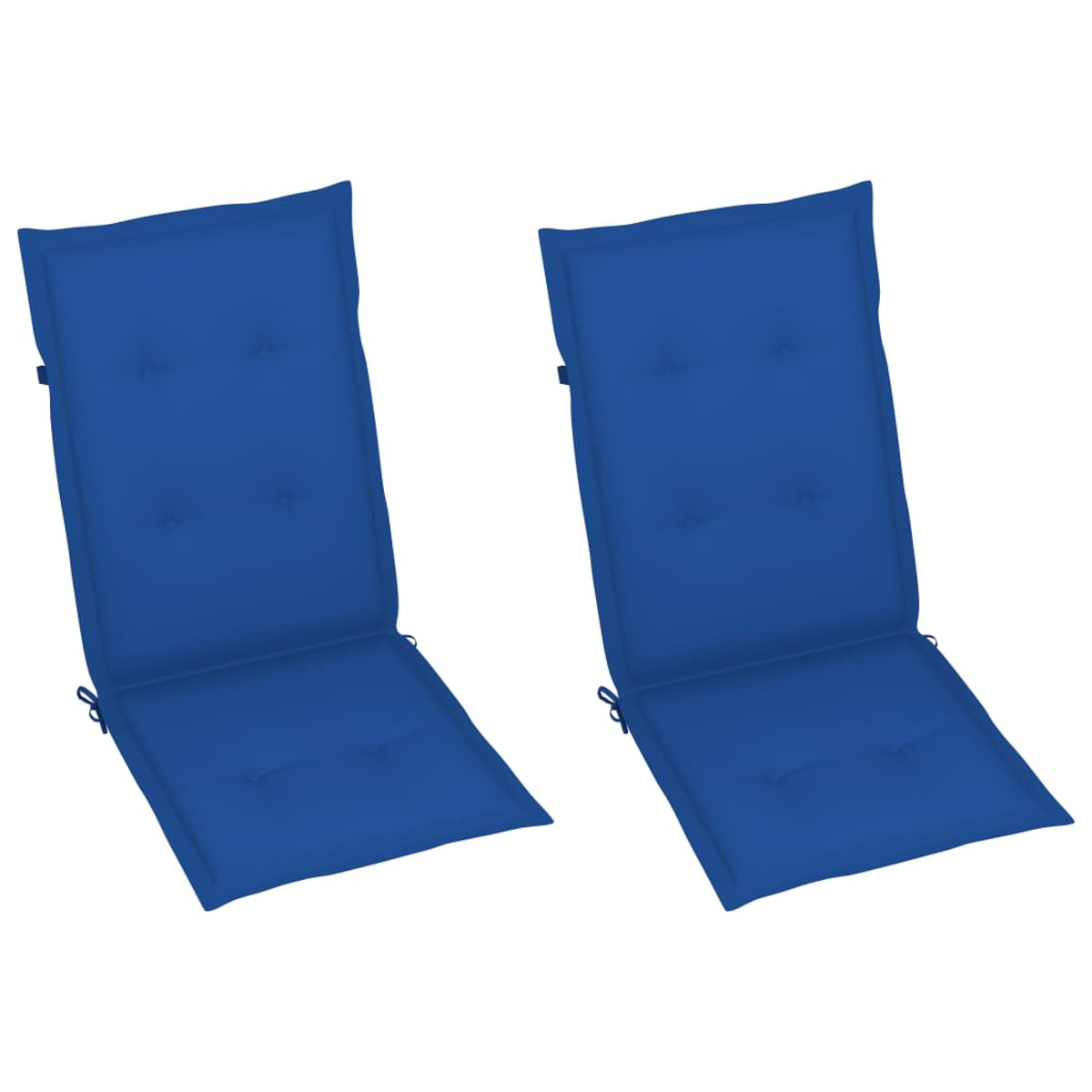 Zwei blaue Outdoor-Stuhlkissen, rechteckig, mit Knopfdetails, auf weißem Hintergrund.