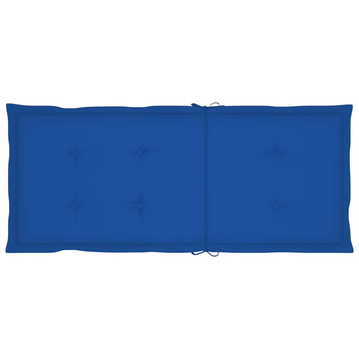 Ein blaues Outdoor-Kissen mit Knöpfen und Bindungen auf weißem Hintergrund.