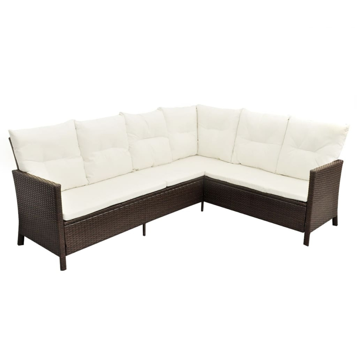 Ein braunes, L-förmiges Outdoor-Sofa mit weißen Kissen, vor weißem Hintergrund.