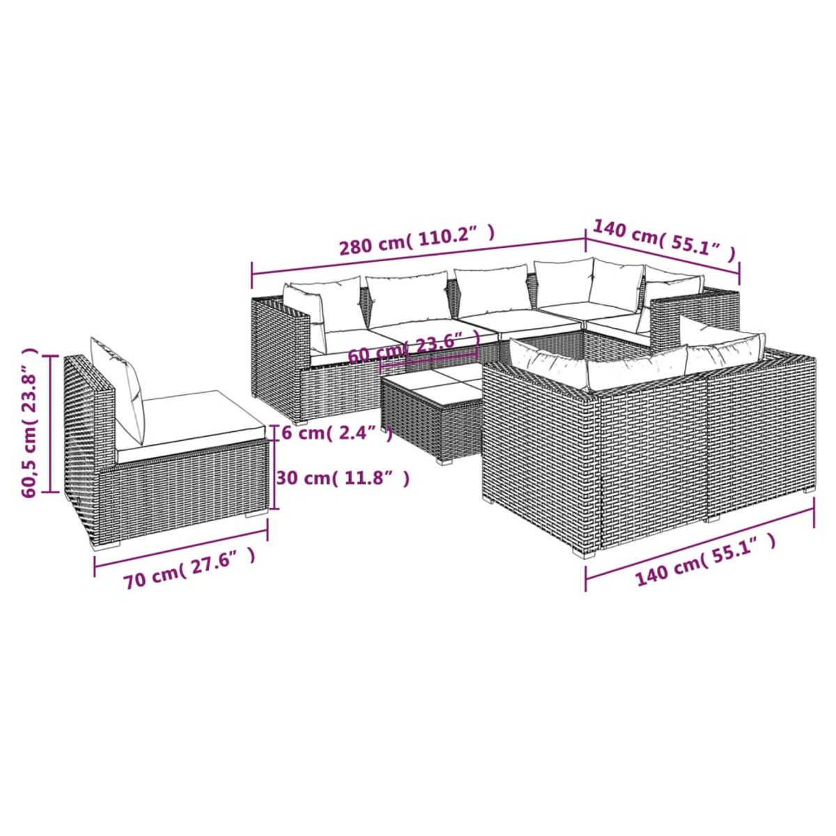 Geflochtenes Outdoor-Möbelset mit Maßen. Enthält Sofa und Stuhl.