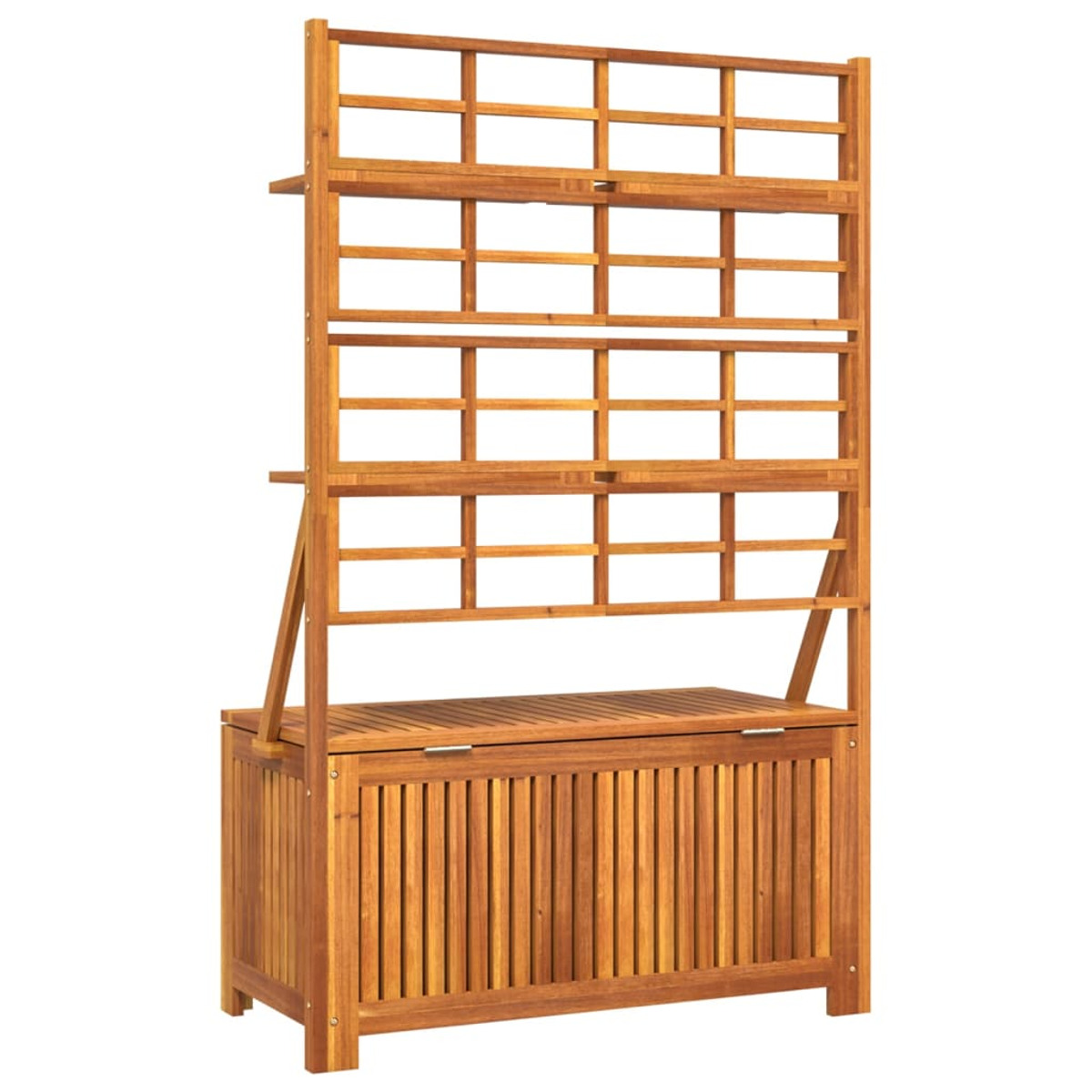 Gartenaufbewahrung aus Holz mit Regalen und Schrank. Es ist braun, mit Lamellen-Design.