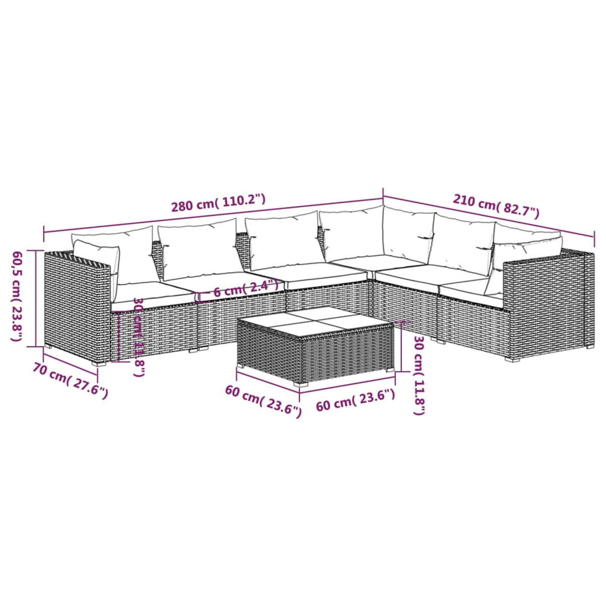 Modulares Outdoor-Ecksofa und Couchtisch. Abmessungen sind angegeben. Die Möbel sind braun.