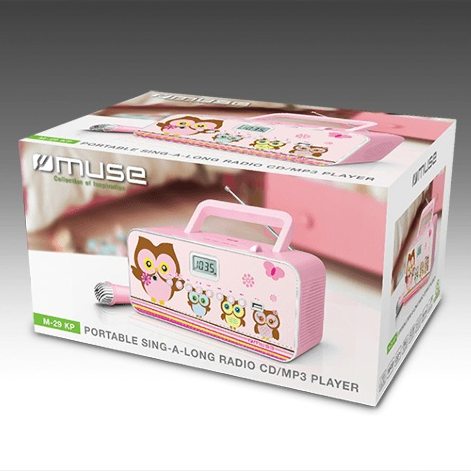 Ein rosa Radio mit Mikrofon in einer Schachtel.