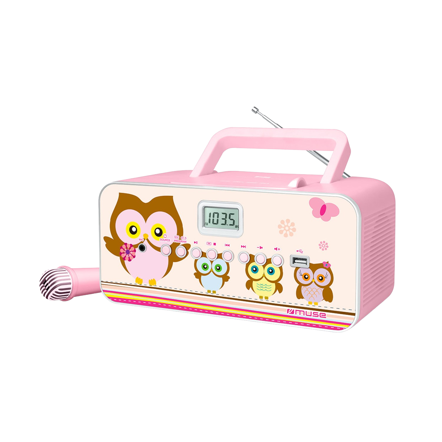 Rosa Radio im Eulen-Design mit Mikrofon. Das Design zeigt Eulen-Illustrationen.