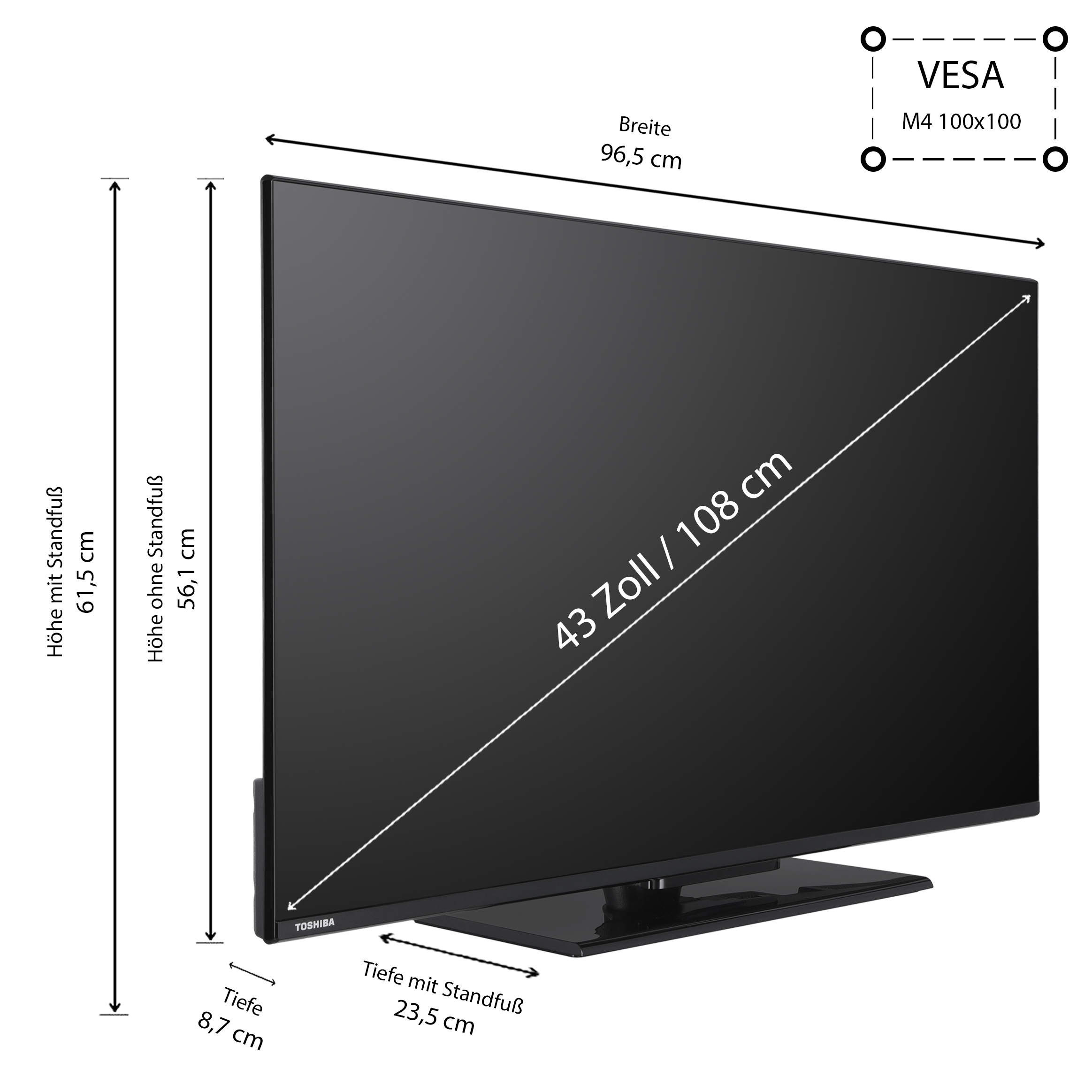 Schwarzer Fernseher auf Ständer. Abmessungen in cm und Zoll angegeben. VESA-Halterung Diagramm oben rechts.