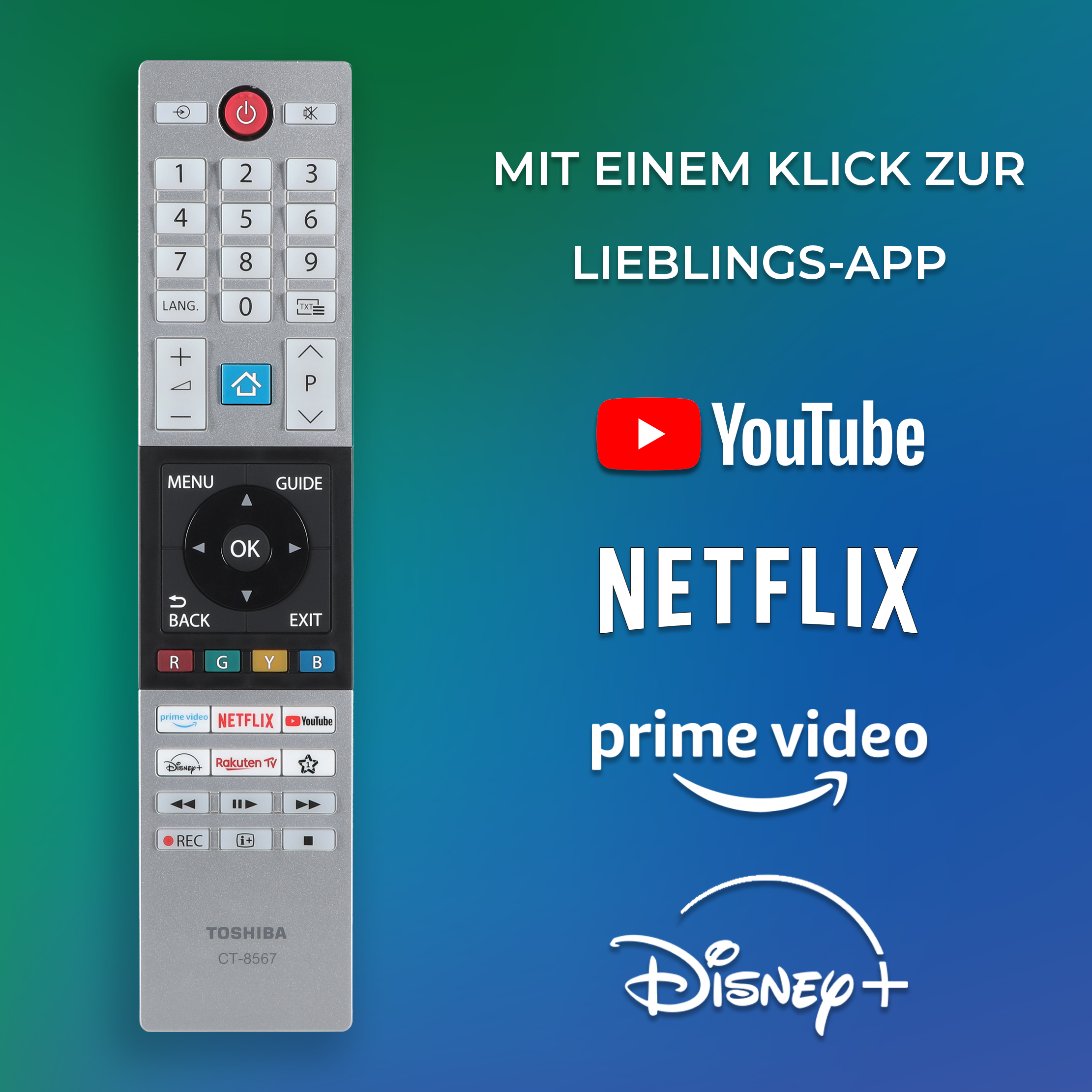 Toshiba Fernbedienung mit App-Logos: YouTube, Netflix, Prime Video, Disney+.