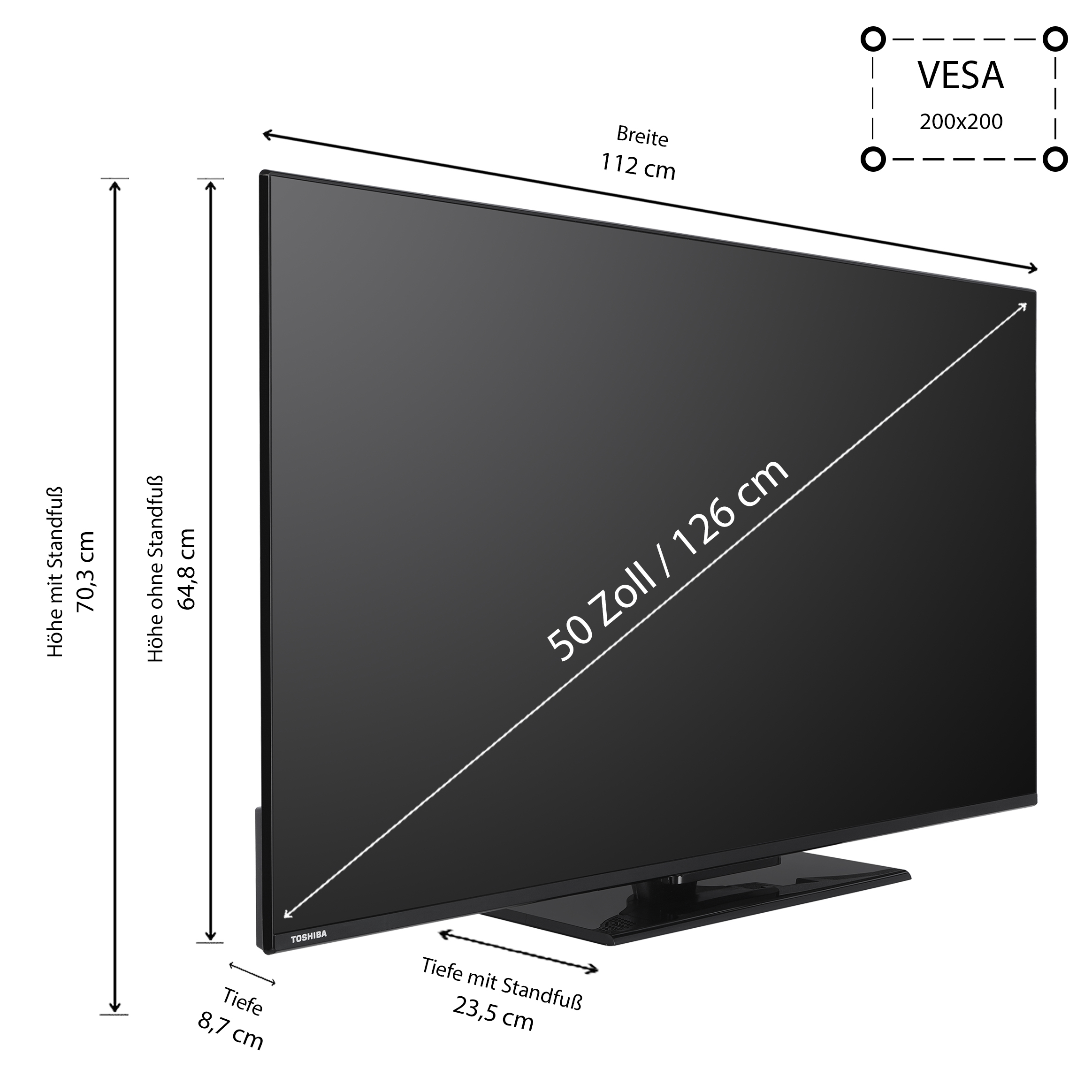 Schwarzer Flachbildfernseher mit Abmessungen und VESA-Halterung, auf weißem Hintergrund.