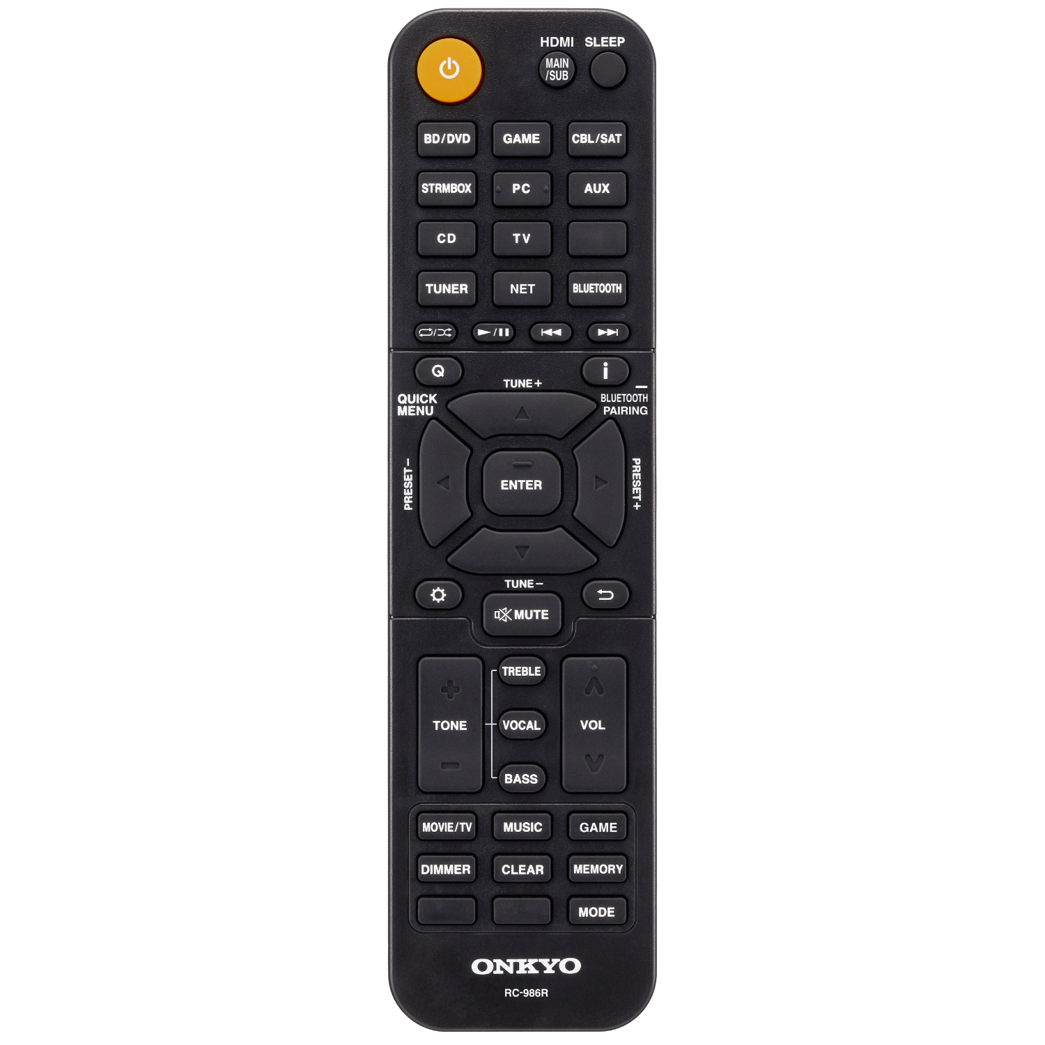 Czarny pilot z wieloma przyciskami. Ma żółty przycisk zasilania w lewym górnym rogu.