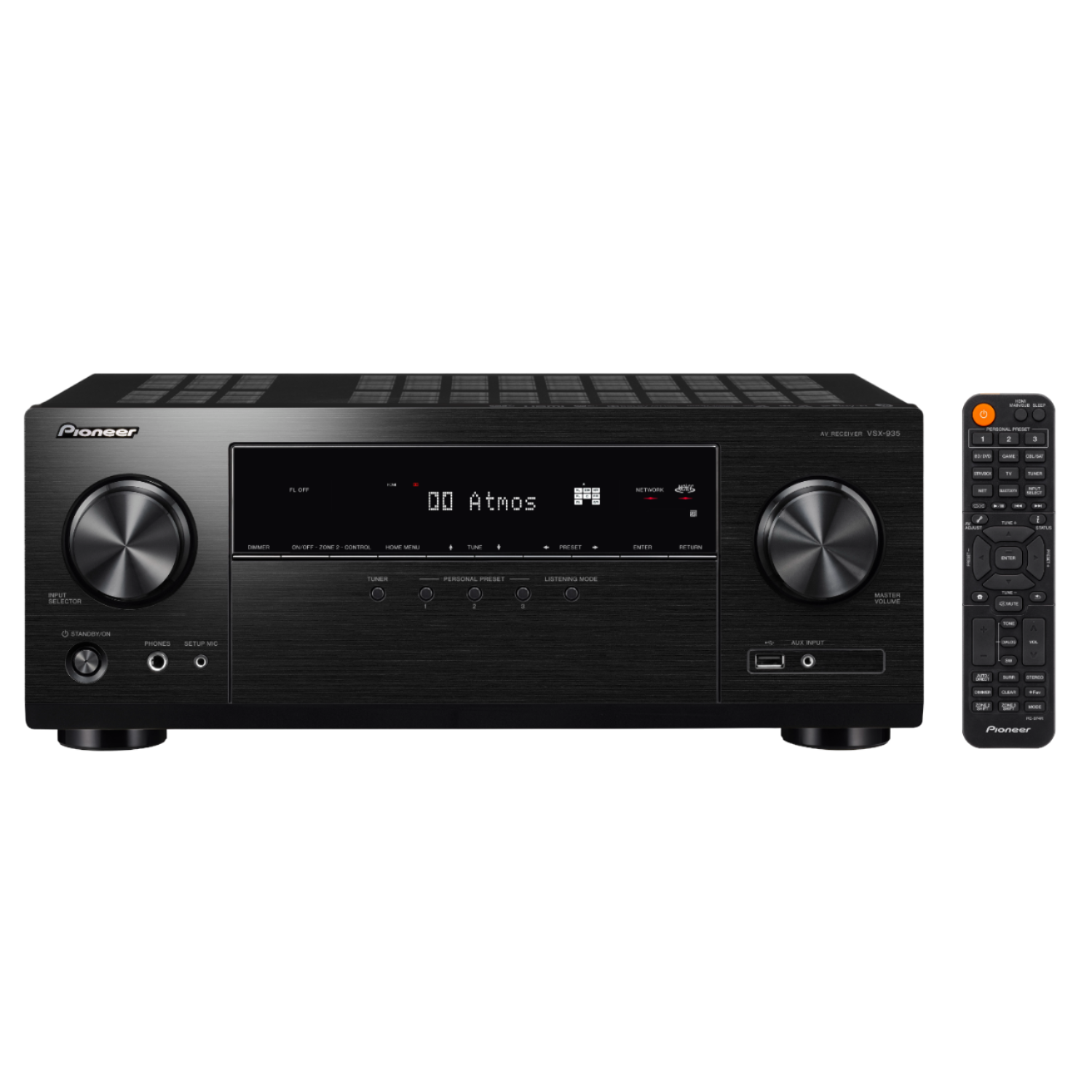 Un récepteur AV Pioneer noir et une télécommande sur fond blanc.