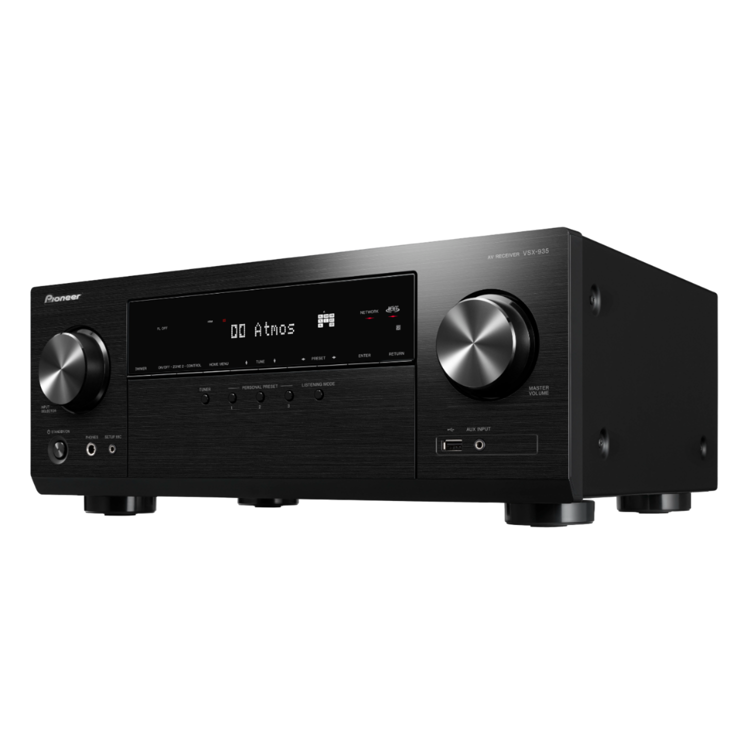 Un récepteur AV Pioneer noir, avec un bouton de volume argenté et divers boutons, sur une surface noire.