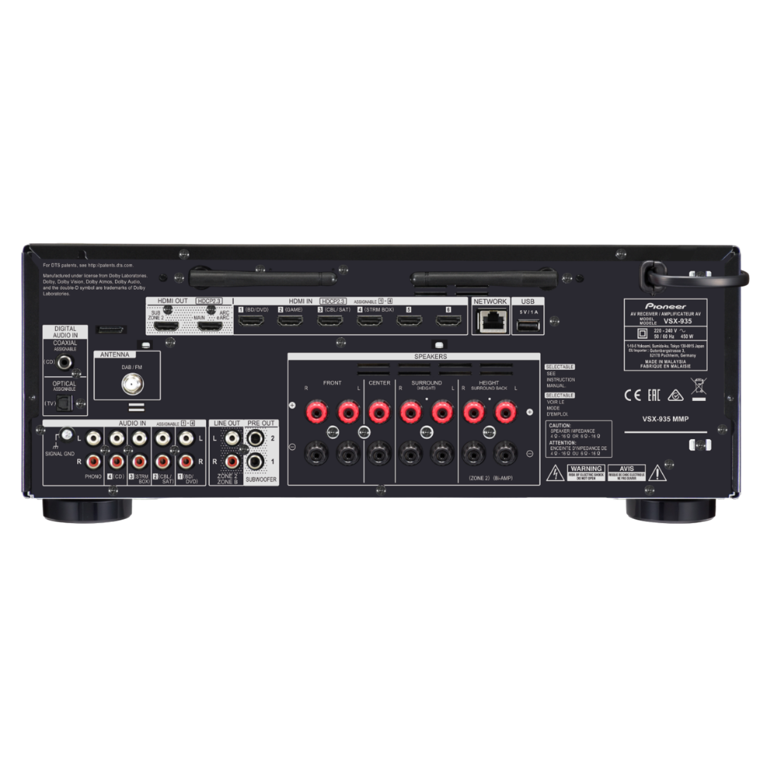 Arrière d'un récepteur AV Pioneer VSX-935 avec plusieurs ports d'entrée/sortie, fond noir.