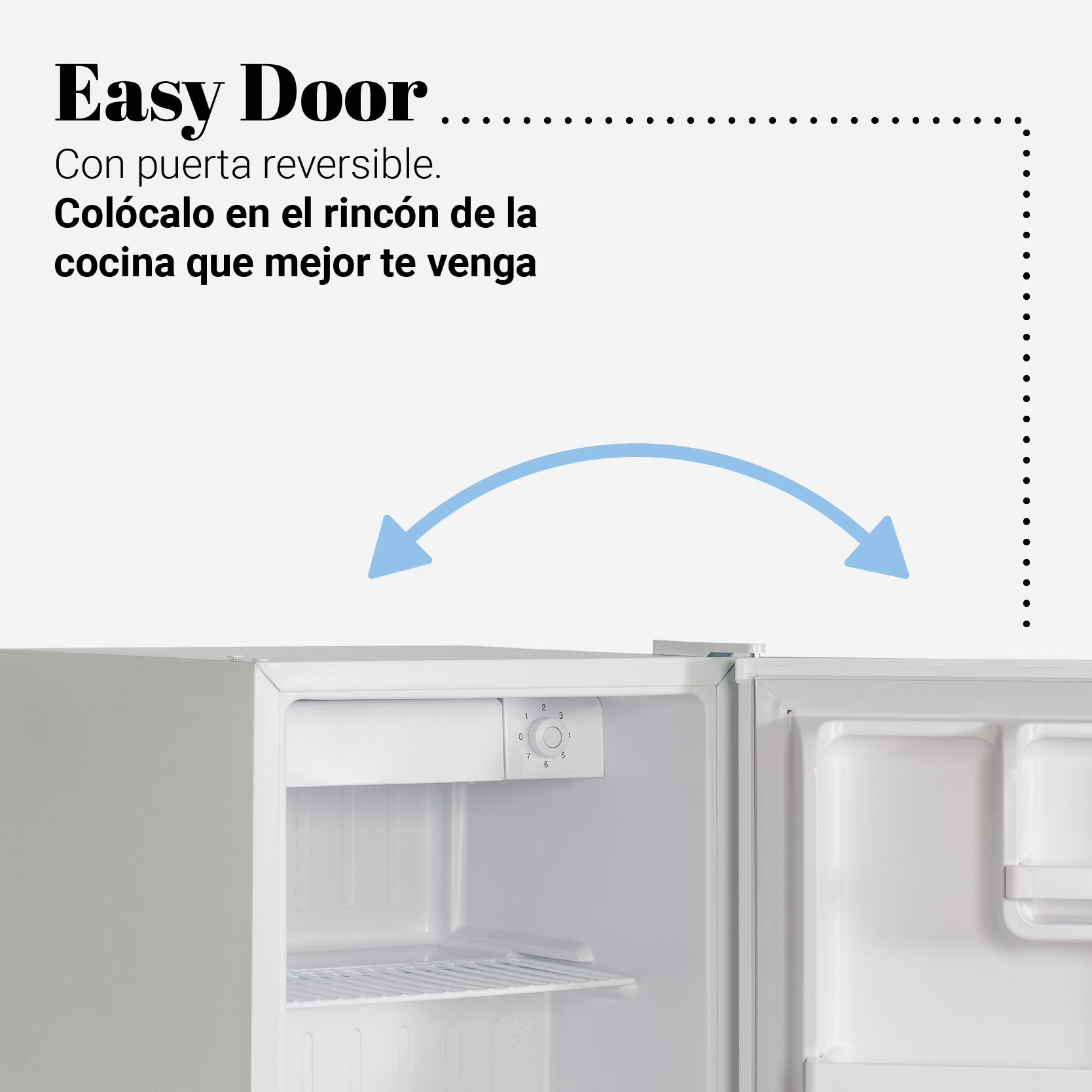 Una mini-nevera blanca, puerta abierta, con texto sobre la colocación de la puerta reversible. Fondo claro.