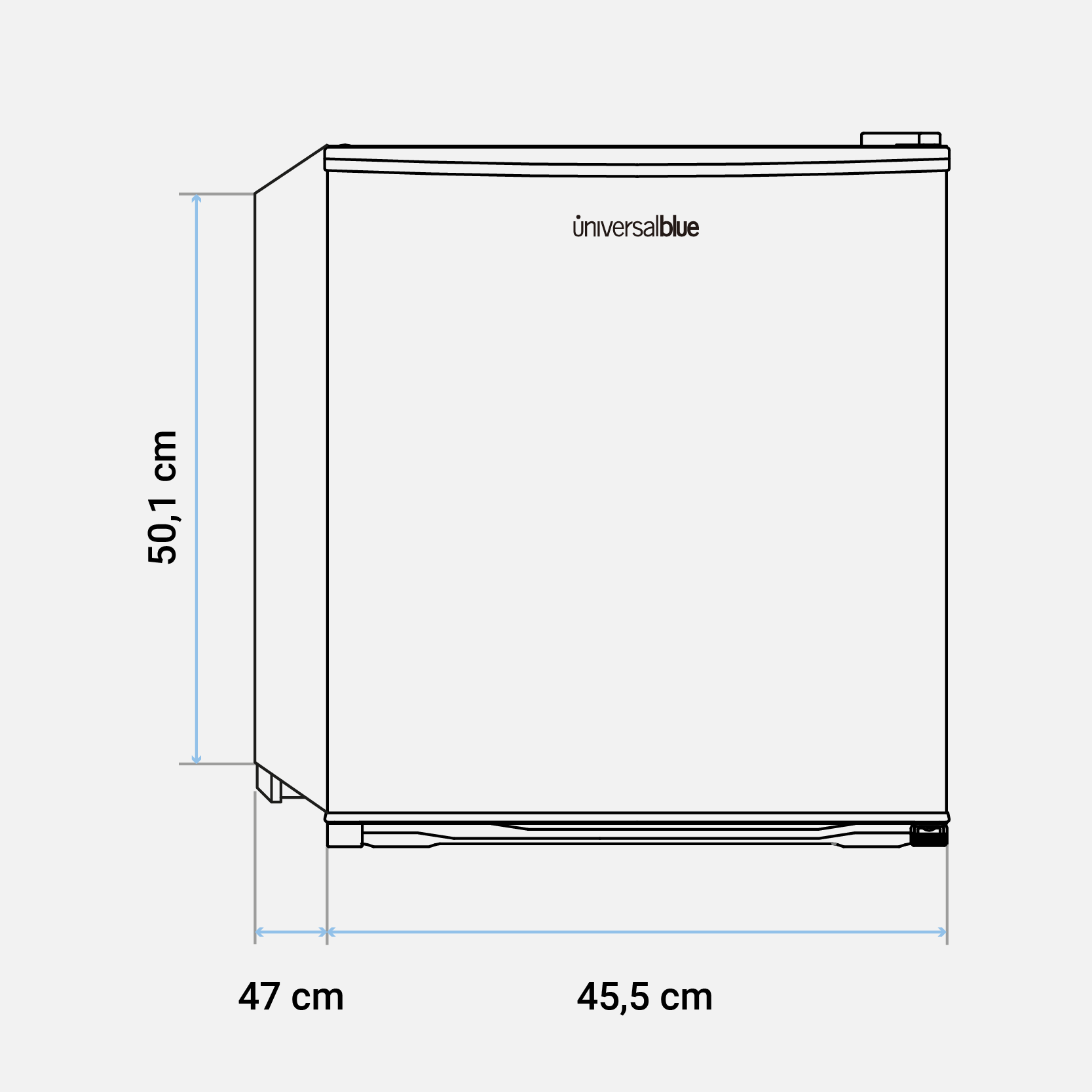 Dibujo lineal: Refrigerador con dimensiones. 50,1 cm alto, 47 cm ancho, 45,5 cm profundo.