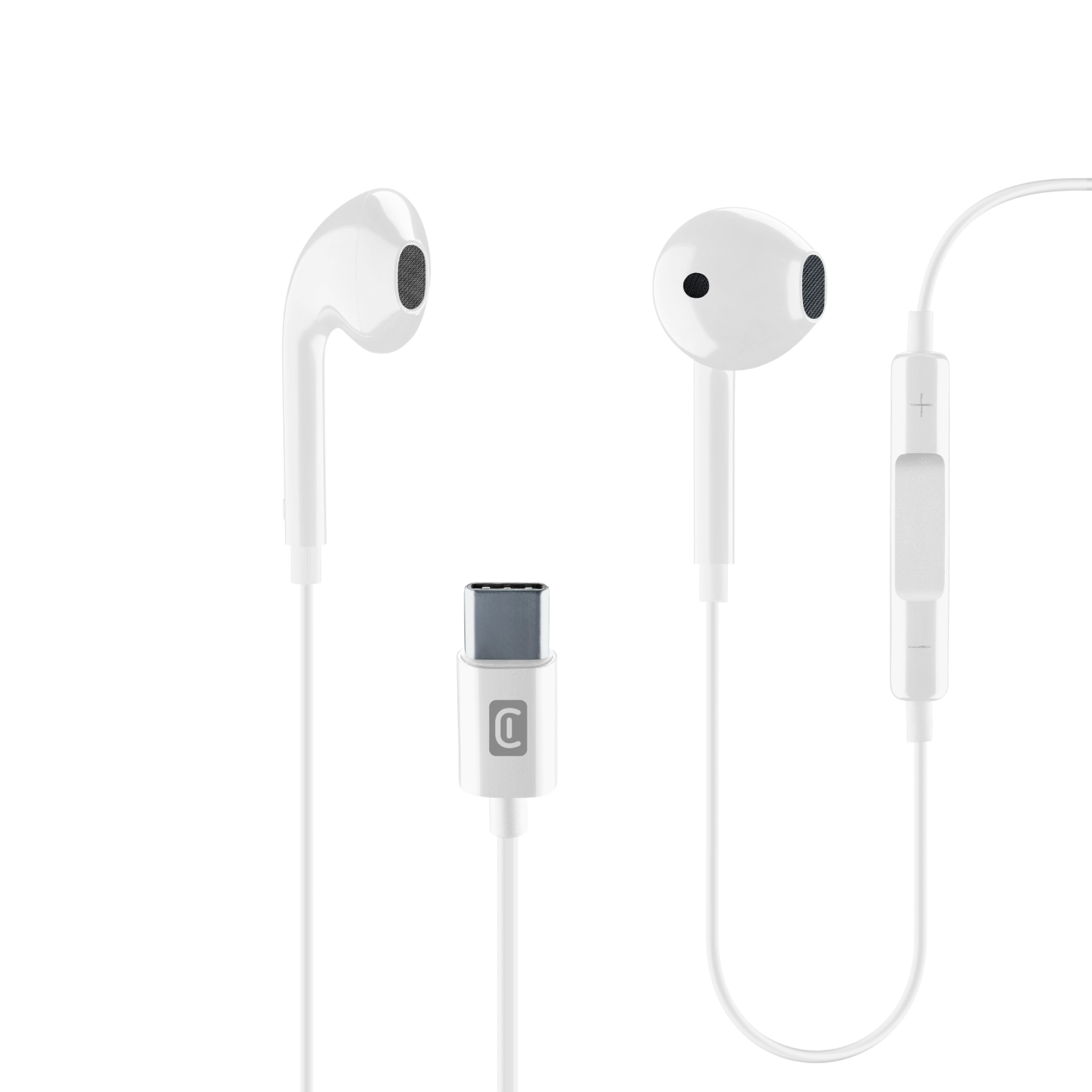 White earphones with a USB-C connector. The earphones have a microphone and volume control.