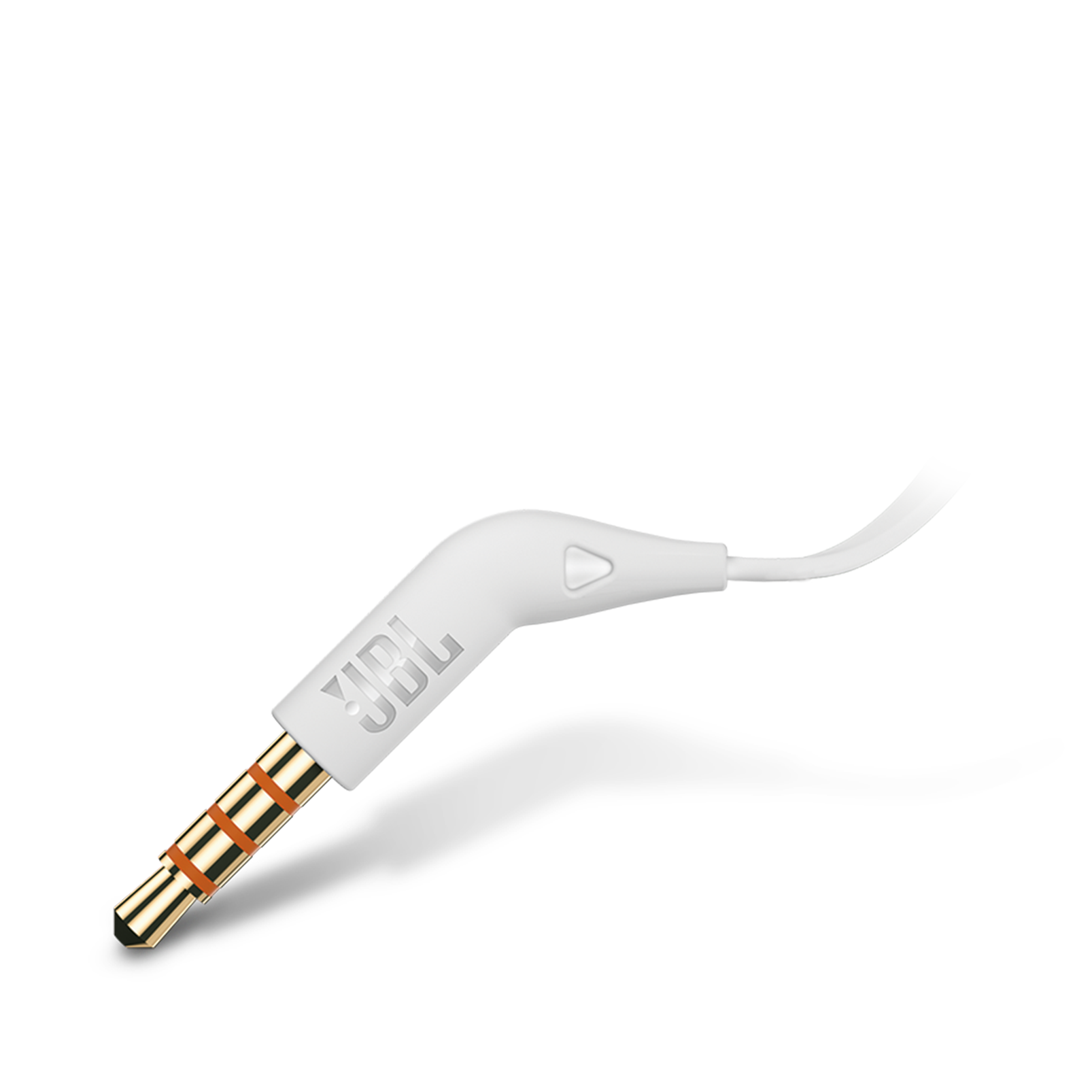 Białe gniazdo audio 3,5 mm z logo JBL, pokazujące pozłacaną końcówkę, na czarnym tle.