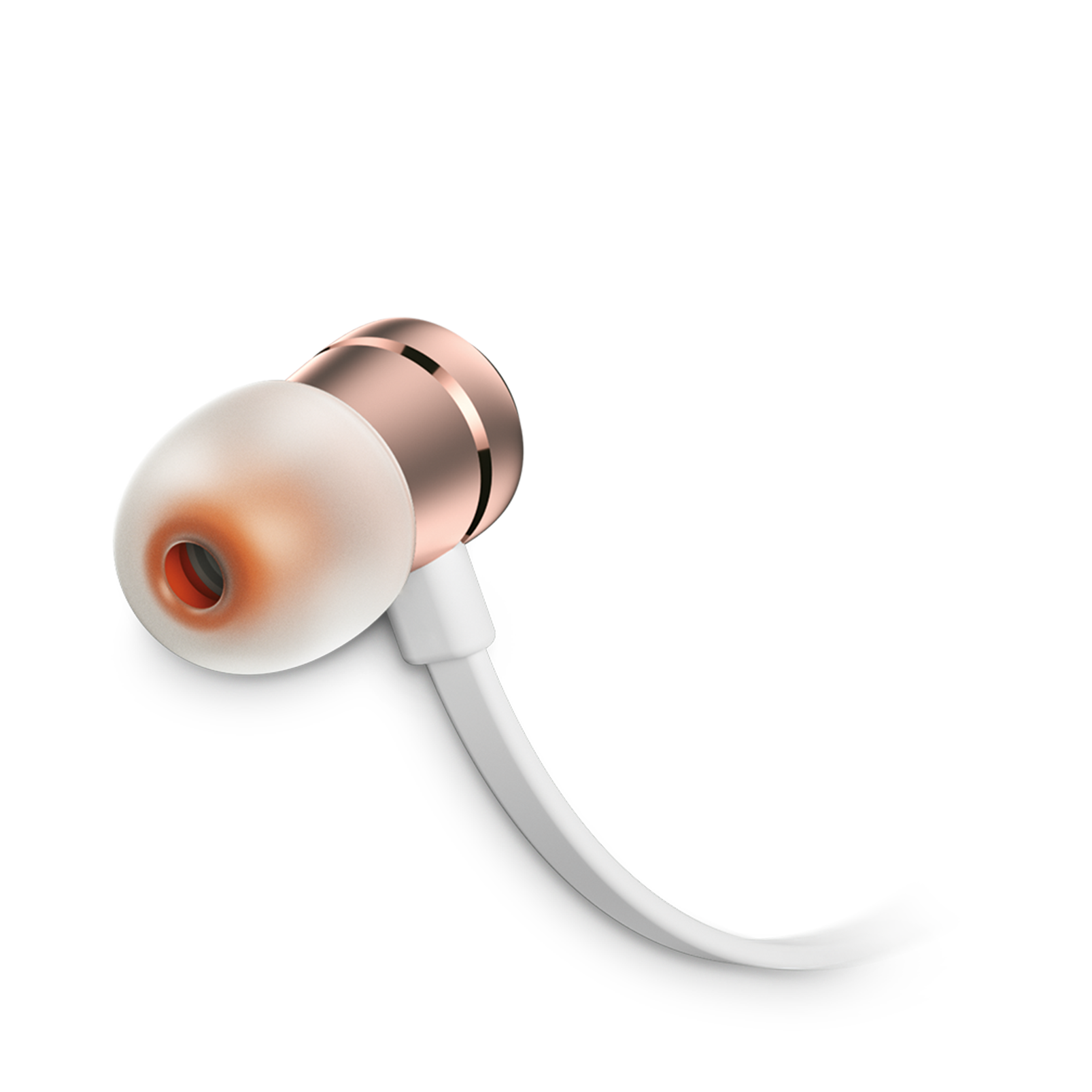 Pojedyncza słuchawka, różowe złoto i biała. Słuchawka jest pod kątem, z końcówką skierowaną na zewnątrz.